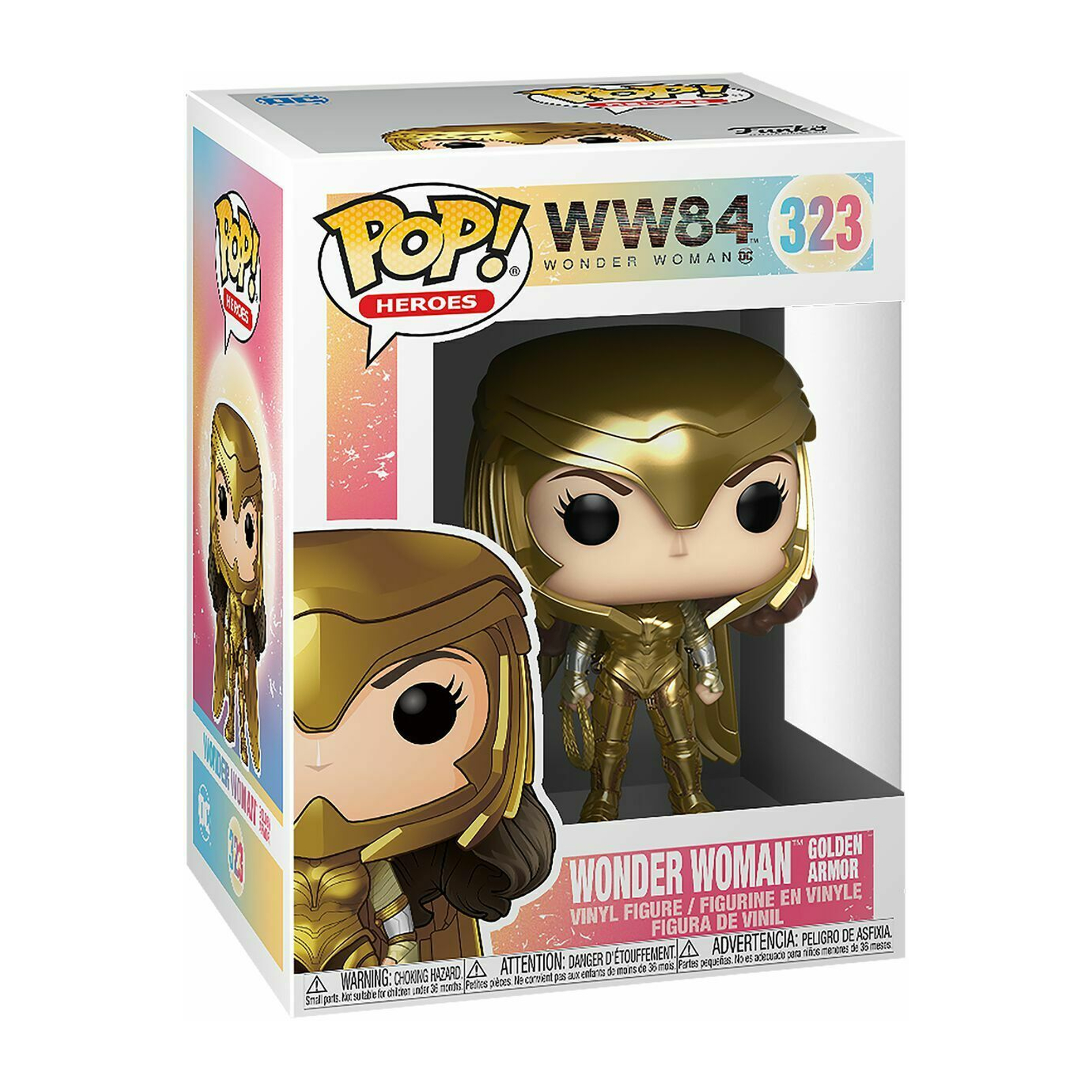 Wonder Woman Pop!-Figur in einer Box. Sie trägt eine goldene Rüstung. Die Box zeigt die Figur.