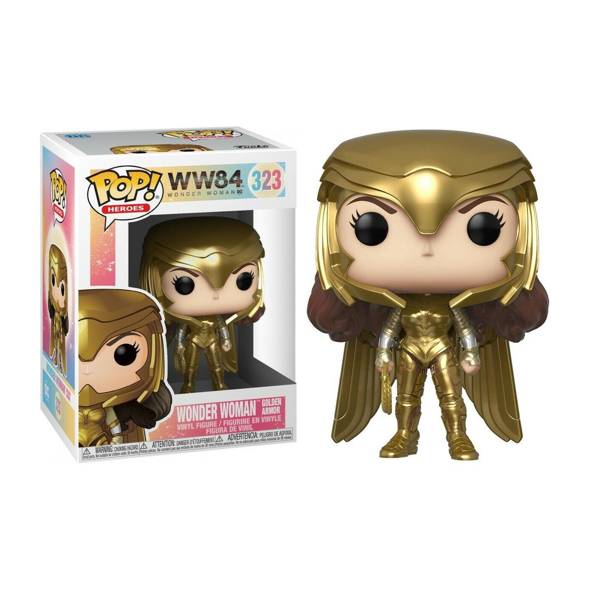 Eine Funko Pop Figur von Wonder Woman in goldener Rüstung, mit einer Box, die die Figur zeigt, vor weißem Hintergrund.