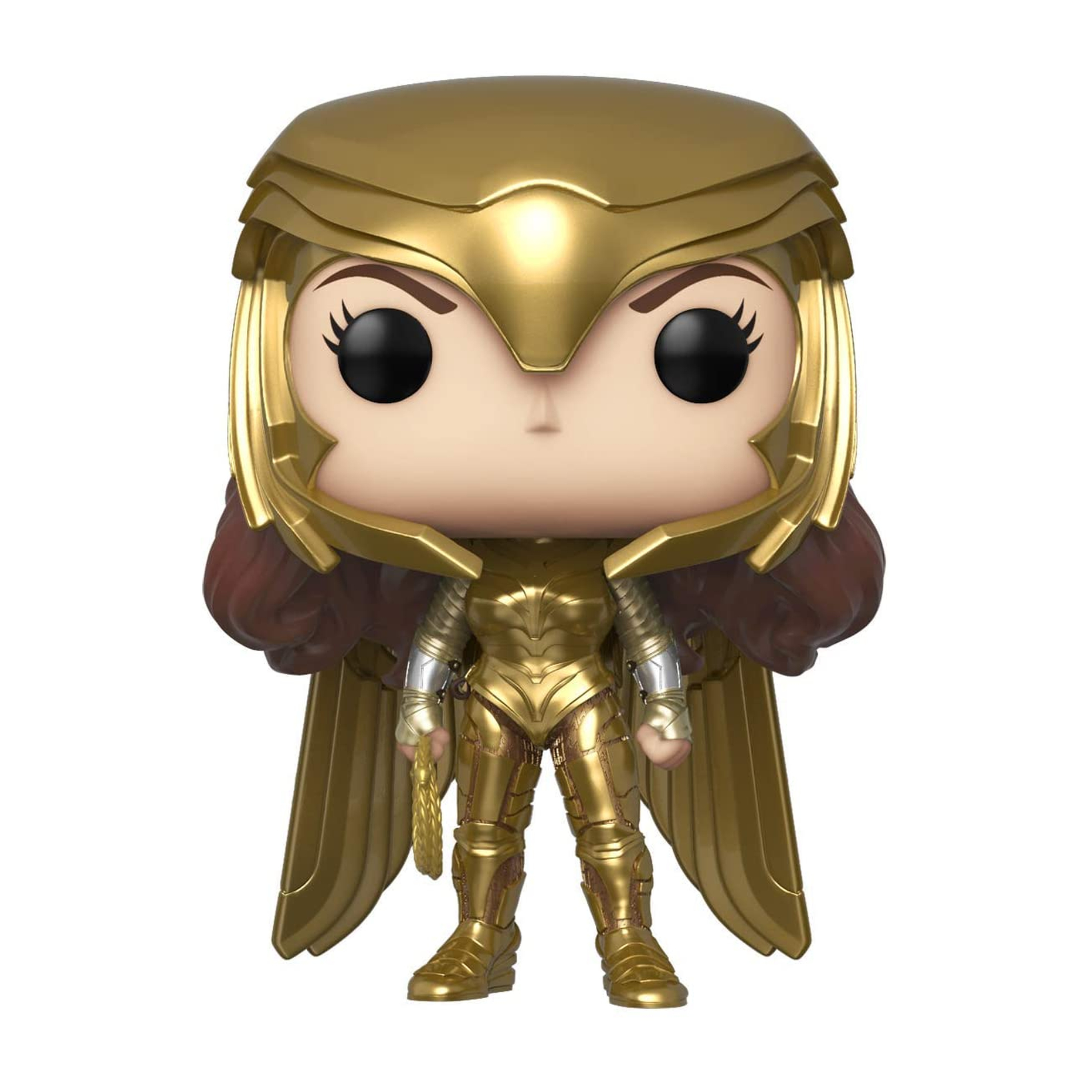 Wonder Woman Figur in goldener Rüstung und Helm, hält ein Lasso.