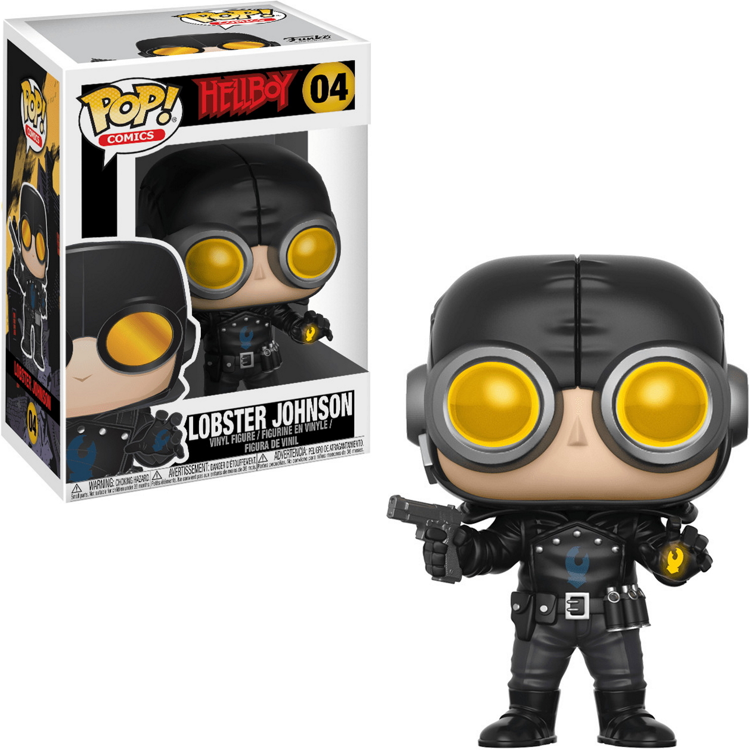 Figurka Funko Pop Lobster Johnson. Czarny strój, żółte gogle, trzymający broń. Na podstawie komiksów.
