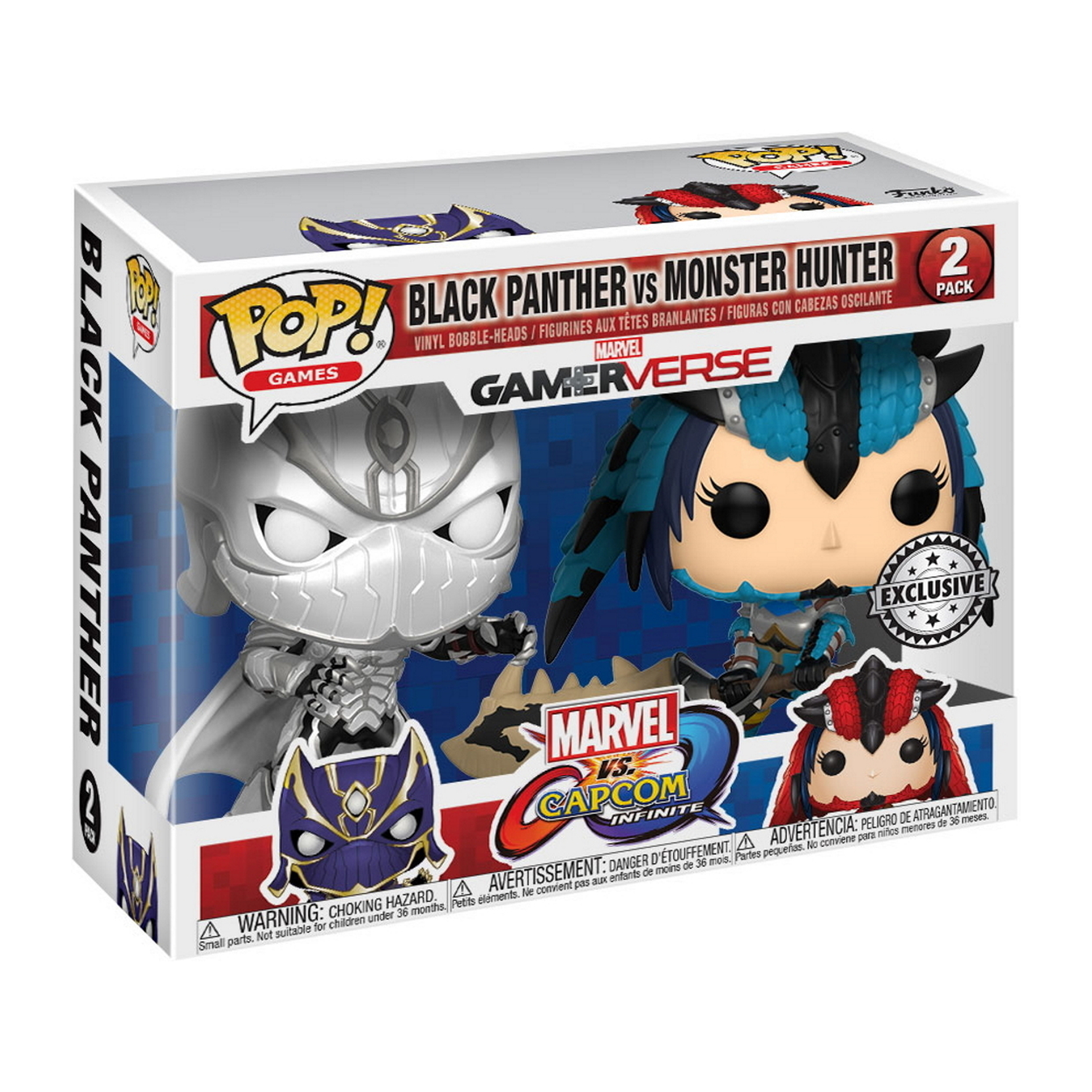 Black Panther vs. Monster Hunter Funko Pop 2er-Pack. Die Figuren sind in einer Box.