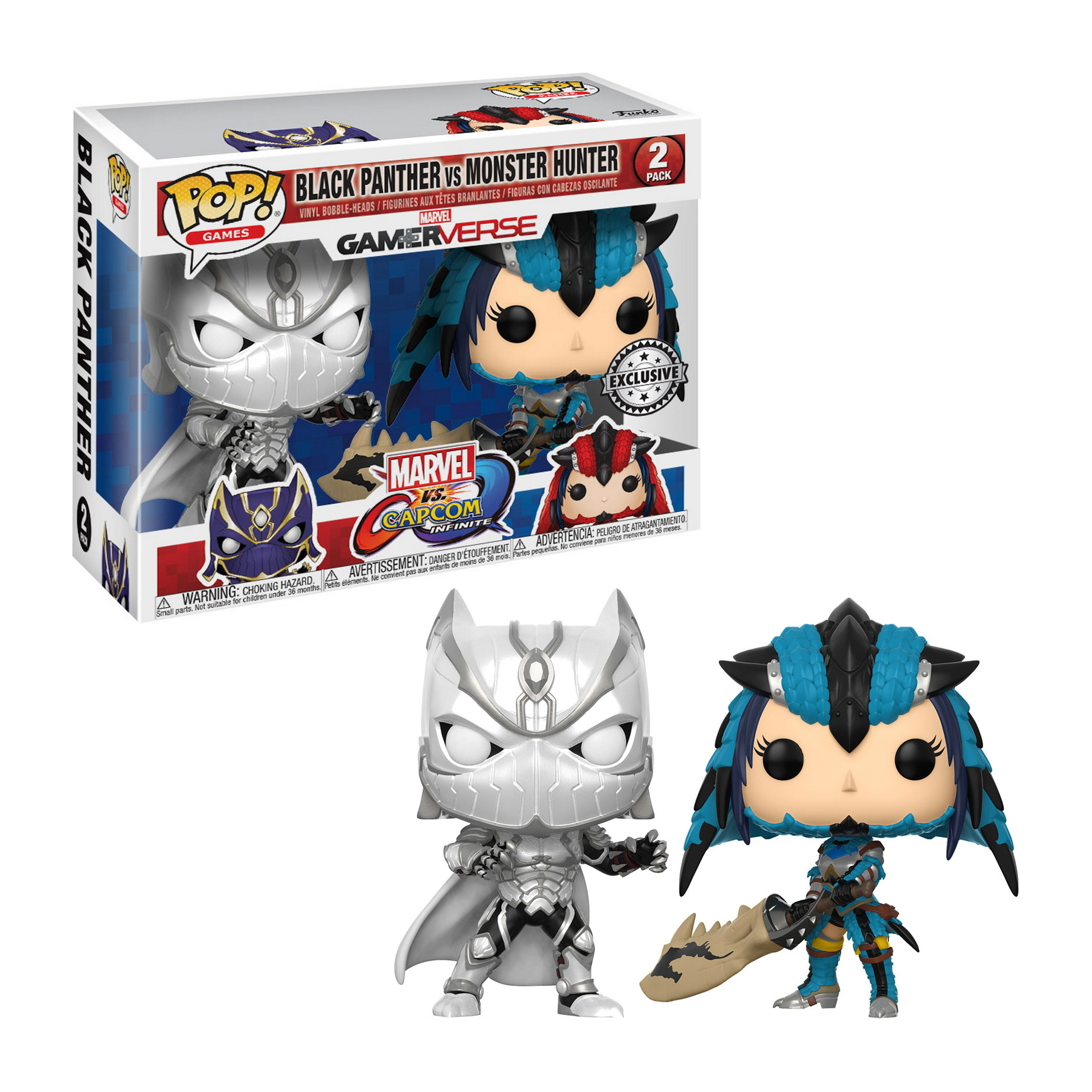 Black Panther und Monster Hunter Figuren aus Marvel vs Capcom, in Weiß und Blau.