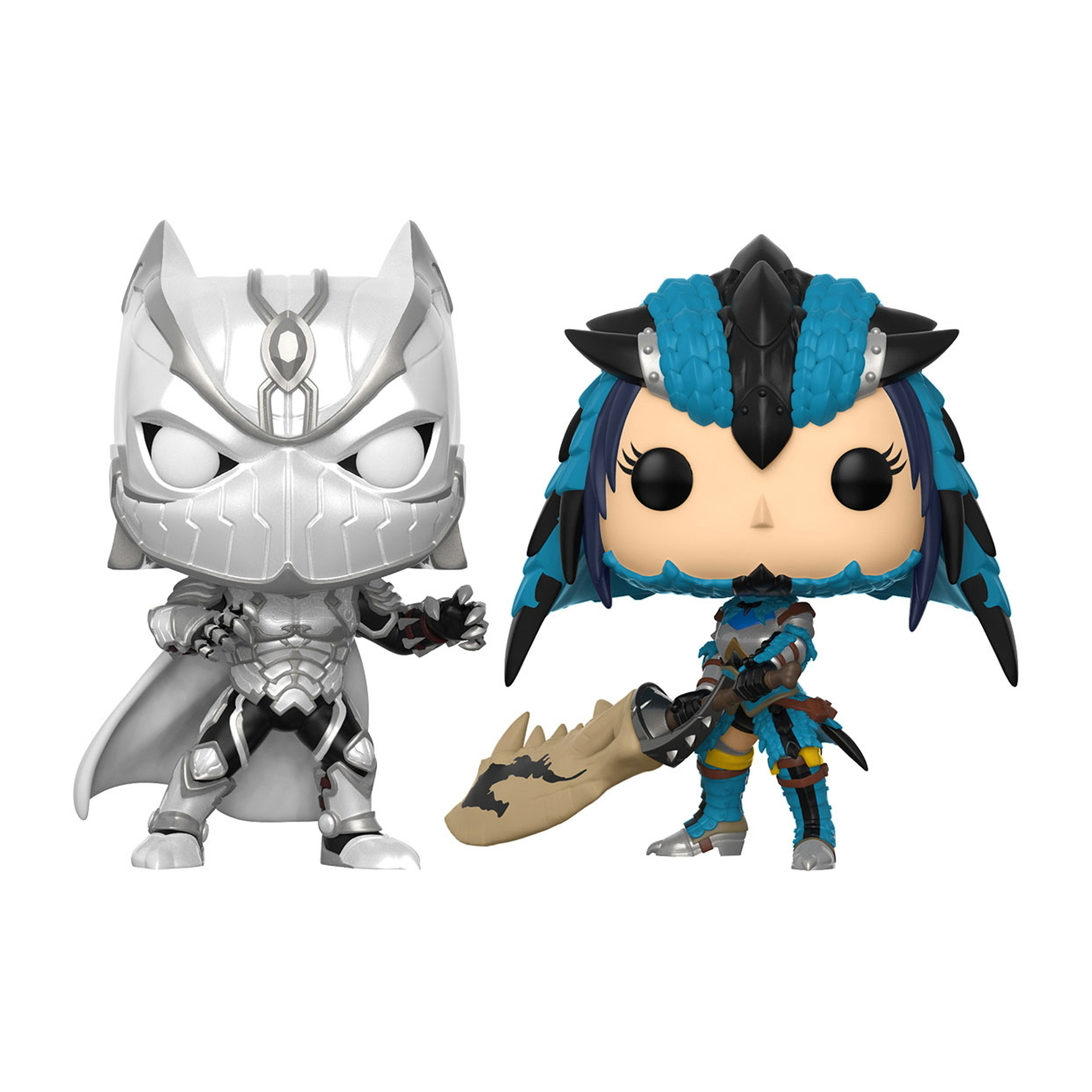 Zwei Pop-Figuren aus einer Monster Hunter-Serie. Ein Charakter mit silberner Rüstung und ein Charakter mit blauen Haaren.