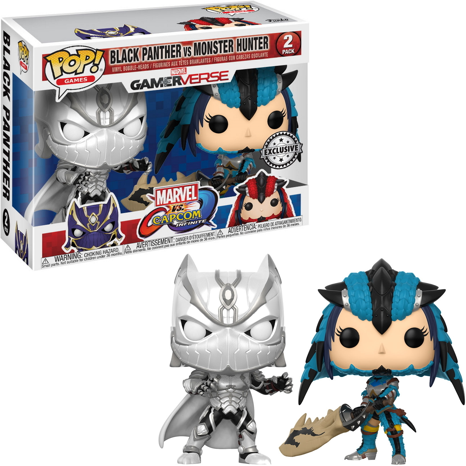 Black Panther vs. Monster Hunter Figuren mit Boxen und zwei Charakteren.