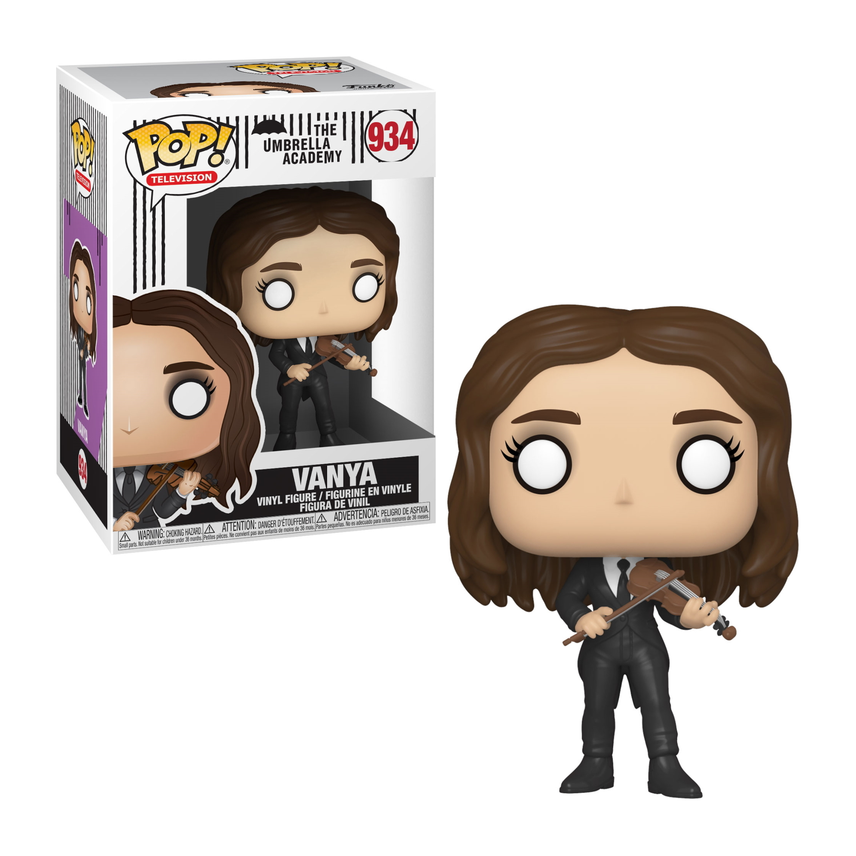 Ein Funko Pop einer Frau in einem schwarzen Anzug, die eine Geige hält.