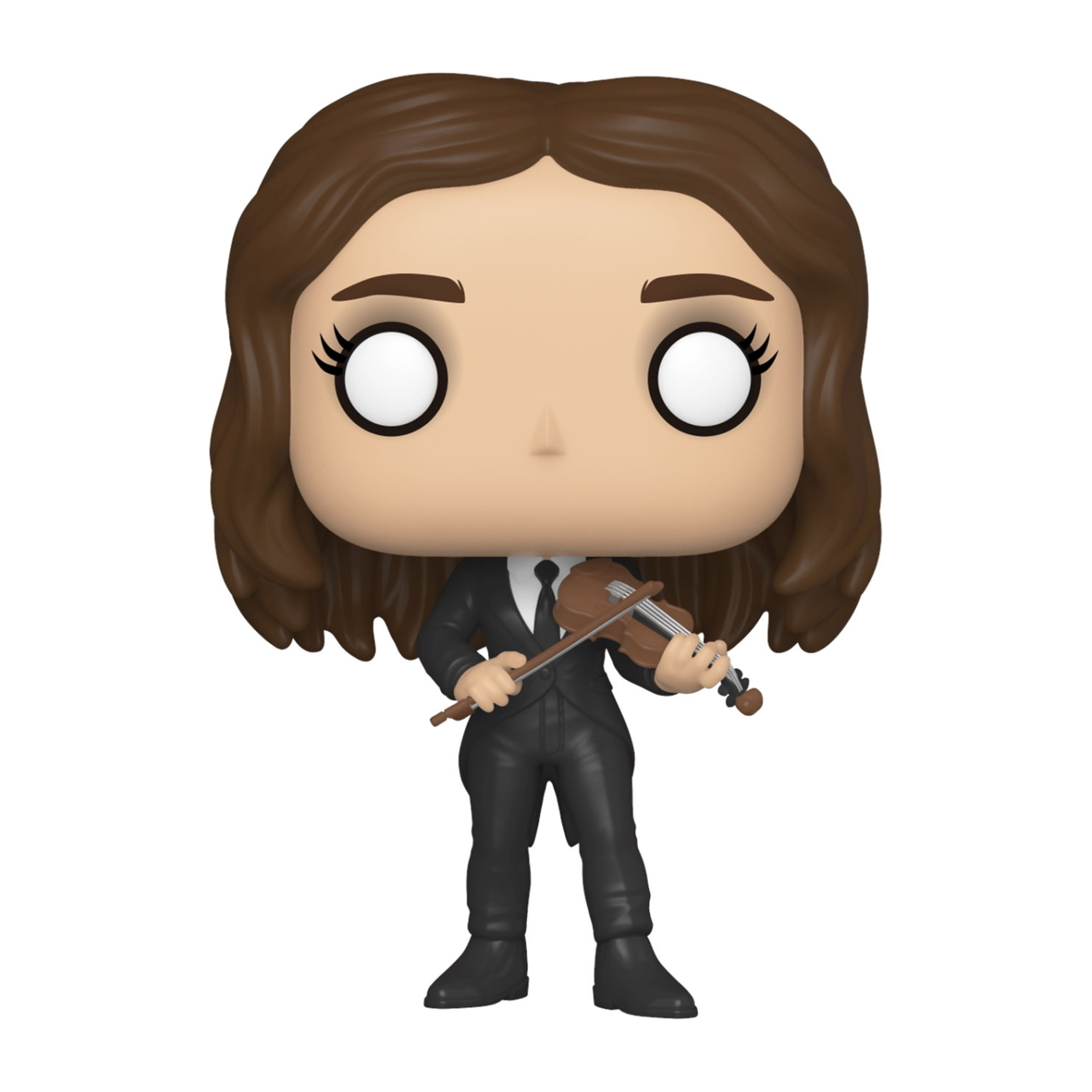 Frau Funko Pop Figur mit braunen Haaren, trägt einen schwarzen Anzug, hält Geige und Bogen.