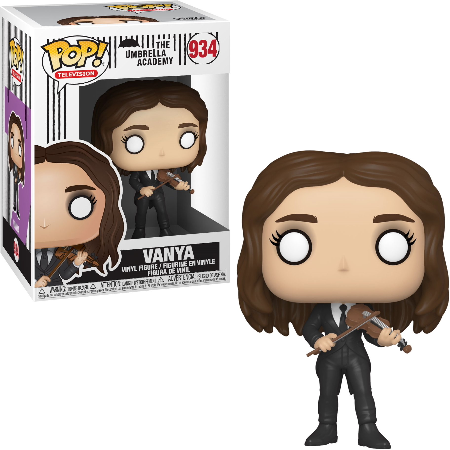 Vanya Funko Pop Figur spielt Geige, trägt schwarzen Anzug und Box.