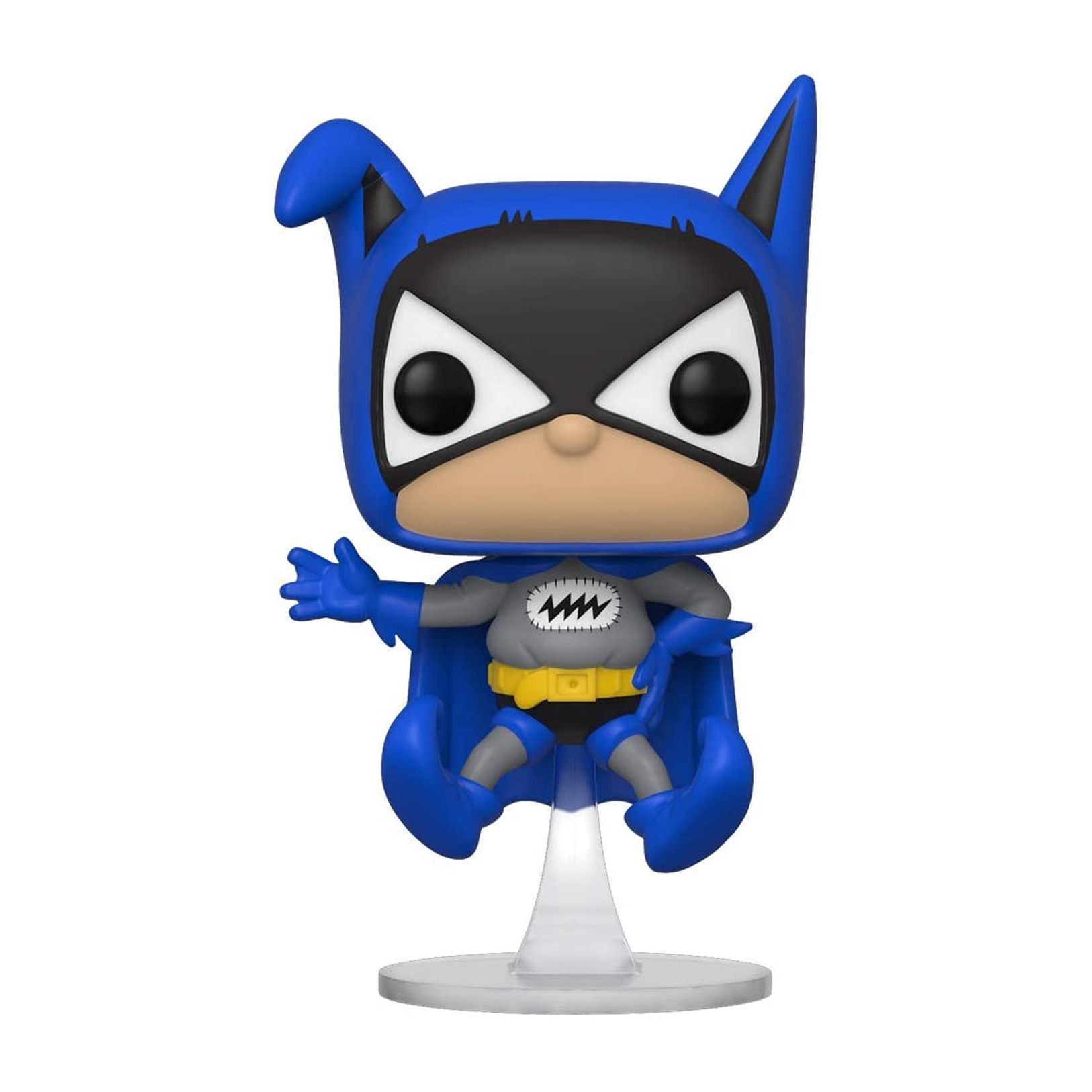 Eine blaue Batman Funko Pop Figur auf einem transparenten Ständer, mit blauem Umhang.