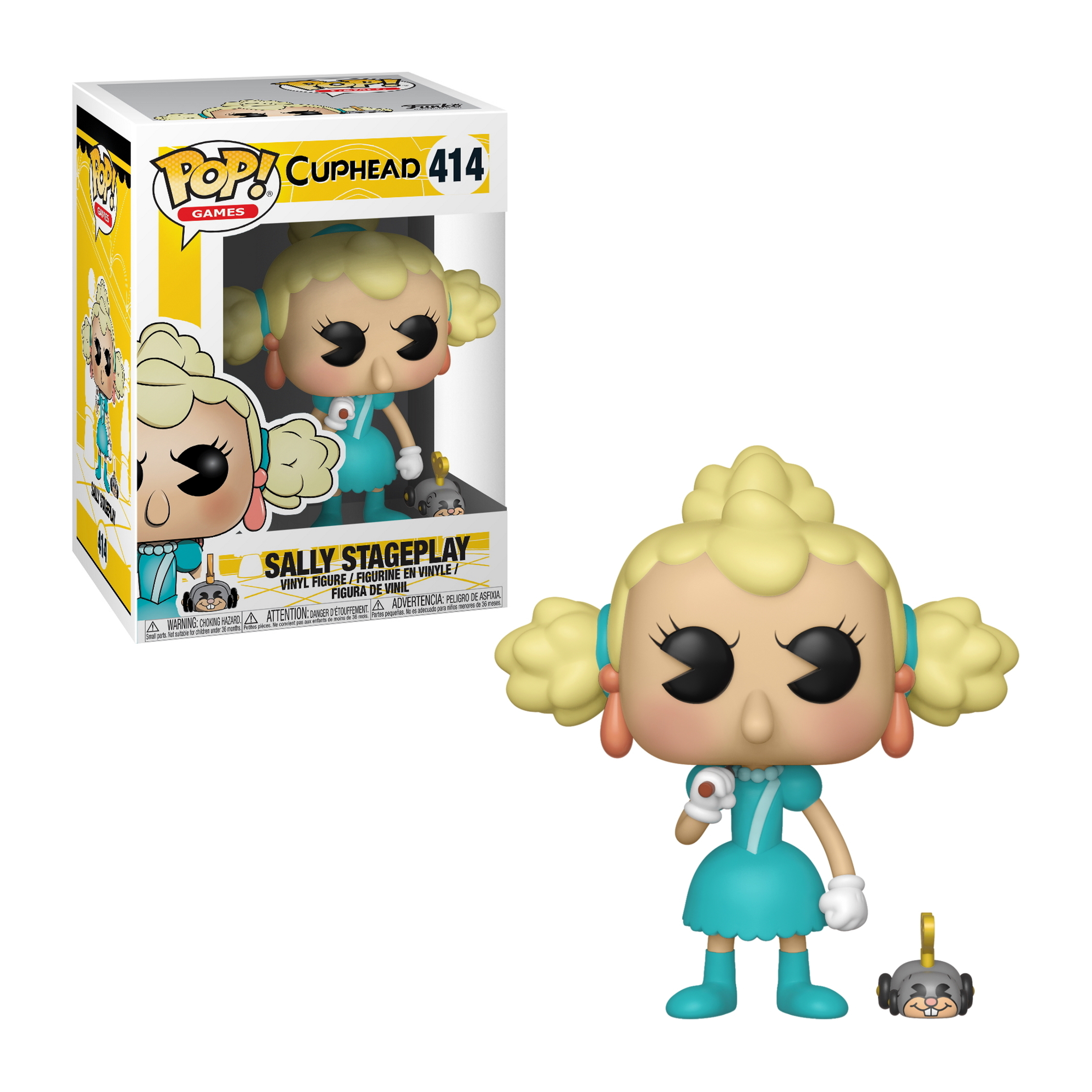 Eine Sally Stageplay Figur aus Cuphead. Links eine Schachtel mit dem Bild der Figur.