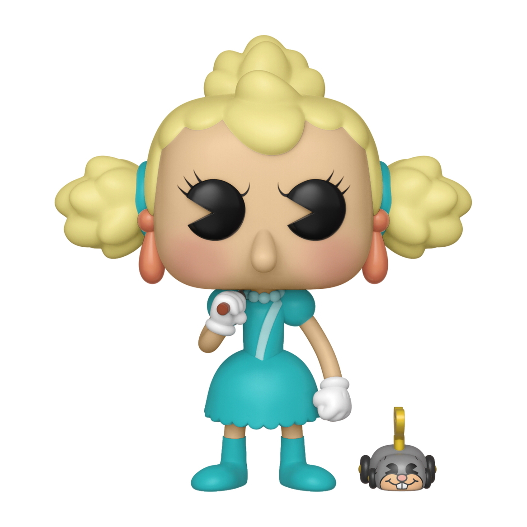 Blonde Funko Pop-Figur einer Cartoon-Frau in einem blauen Kleid und einer kleinen mausartigen Figur.