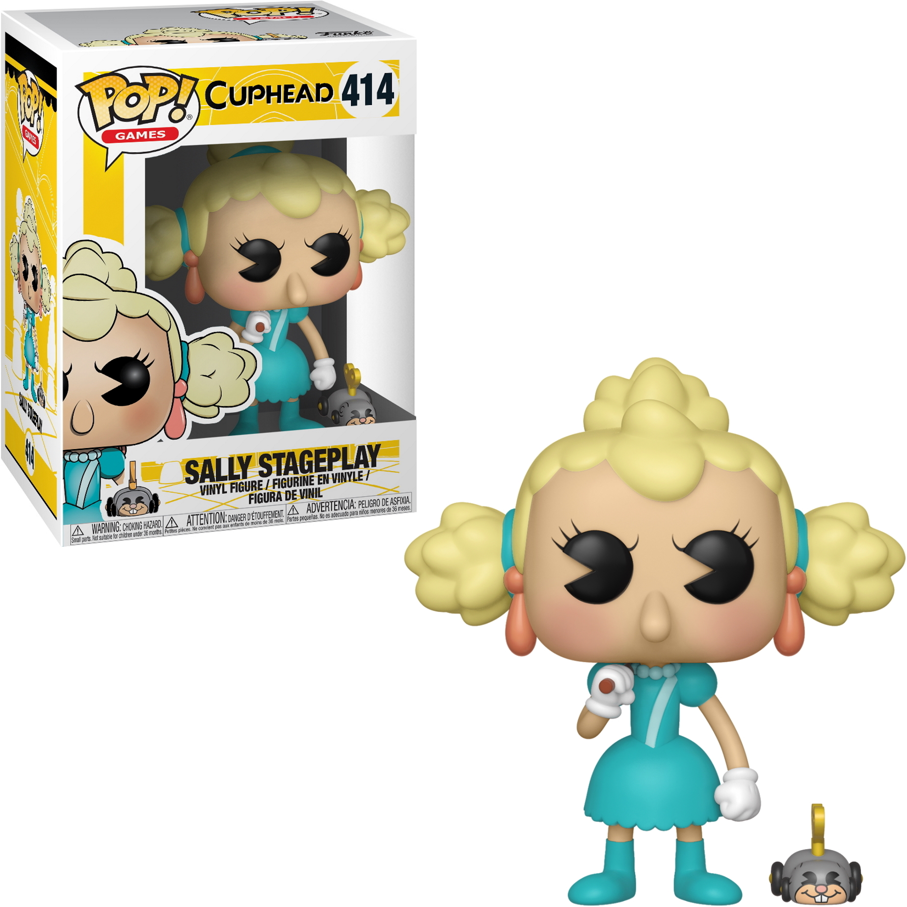 Sally Stageplay Funko Pop Figur. Blondes Haar, blaues Kleid und Funko Pop Box.