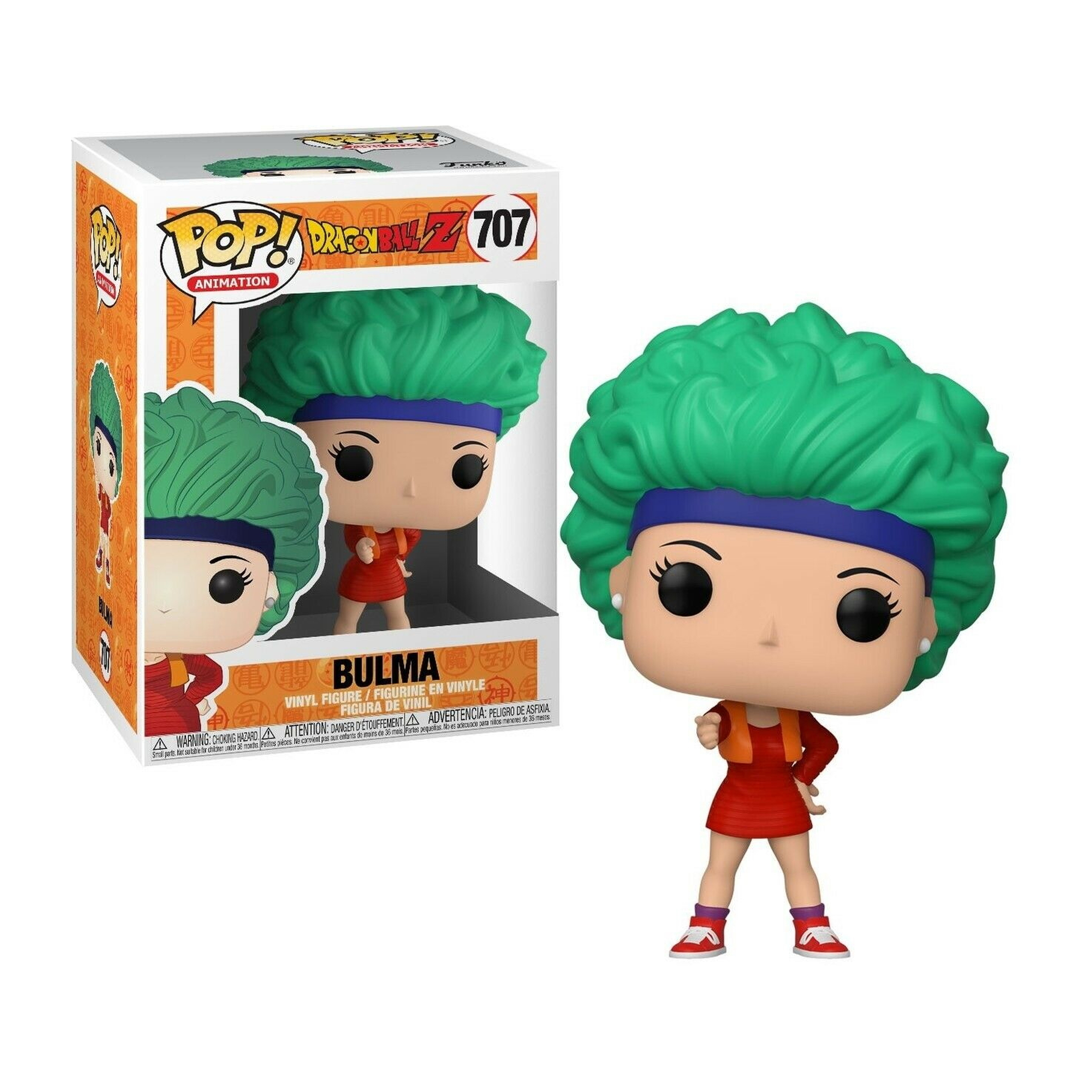 Figura Pop di Bulma in scatola. Indossa un vestito rosso e una fascia blu. Capelli verdi. La scatola mostra la sua immagine.