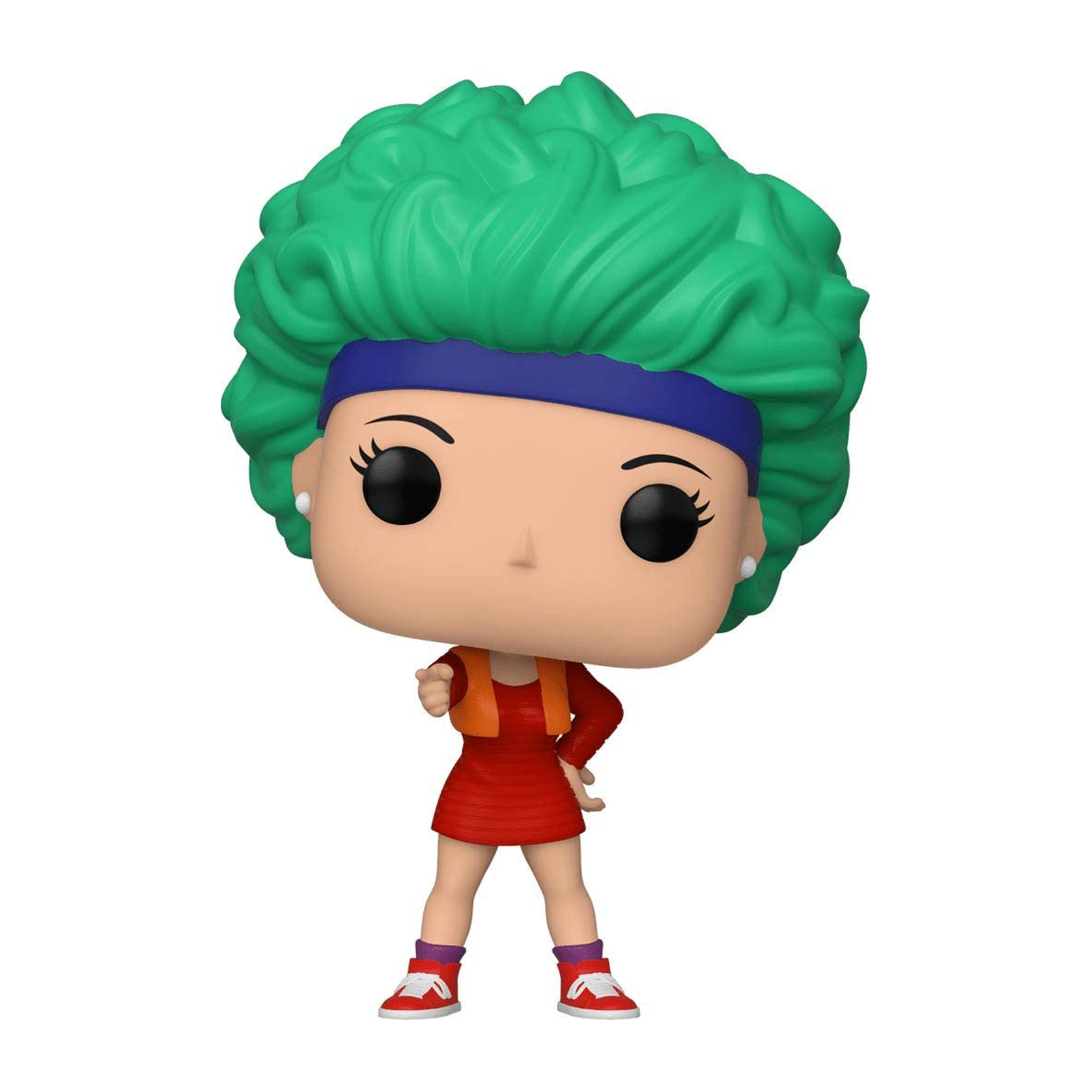 Una statuetta Funko Pop di una donna con i capelli verdi e un abito rosso. Ha una fascia blu e sta indicando.