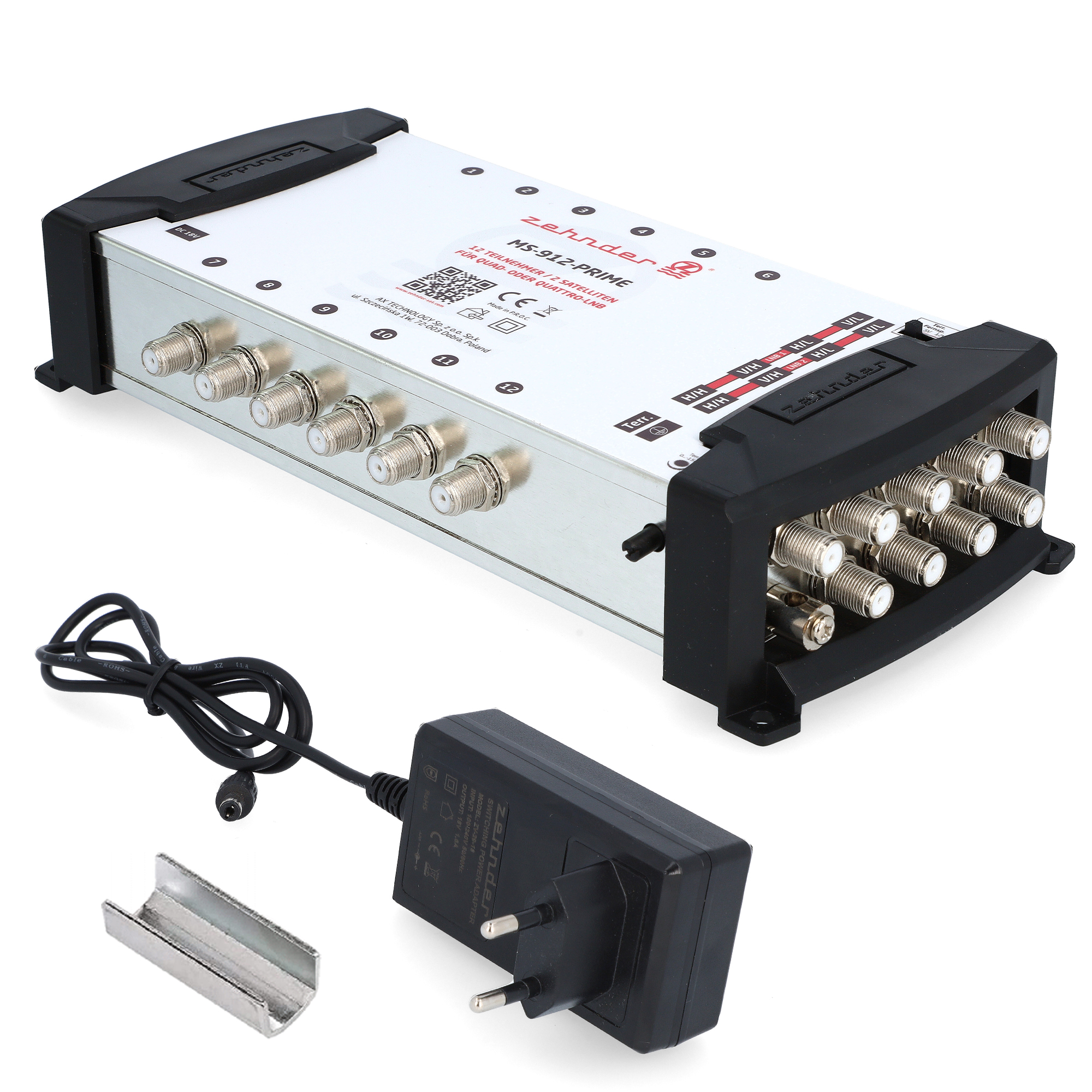 Silbernes und schwarzes elektronisches Gerät mit mehreren Koaxialanschlüssen und einem Netzteil.