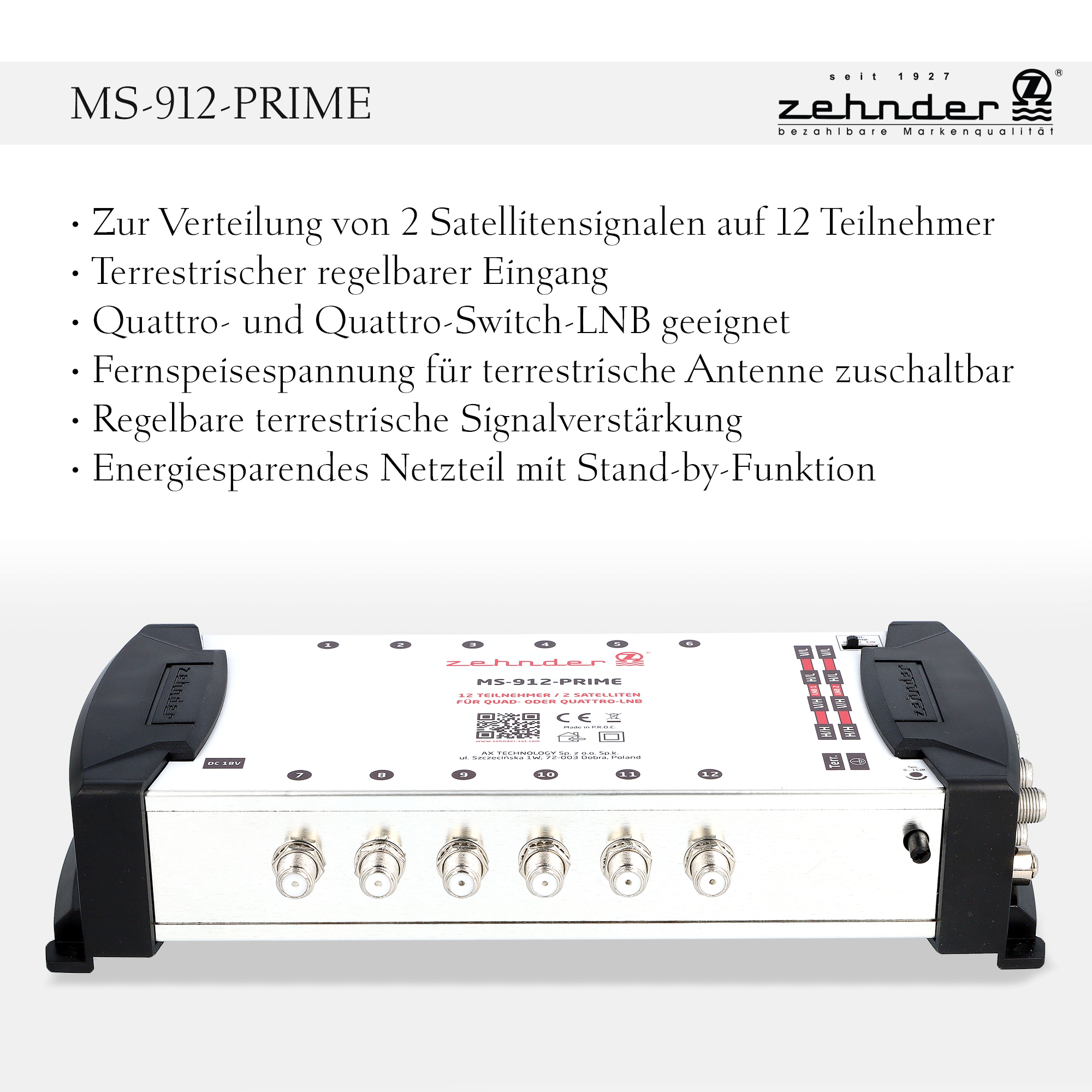 Ein silbernes MS-912-PRIME-Gerät mit mehreren Anschlüssen und einem schwarzen Ober- und Unterteil.