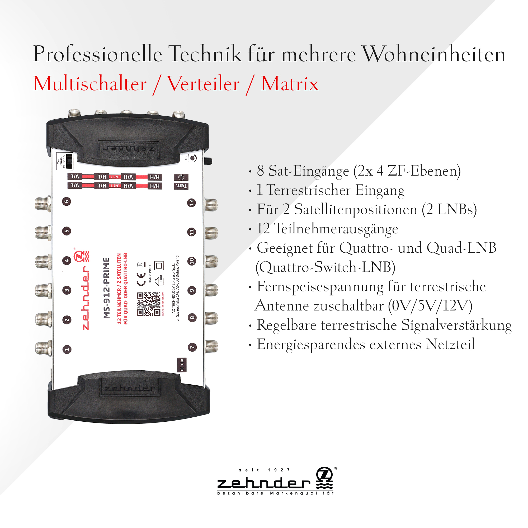 Ein schwarz-weißes Multiswitch-Gerät mit technischen Details und Text auf Deutsch.