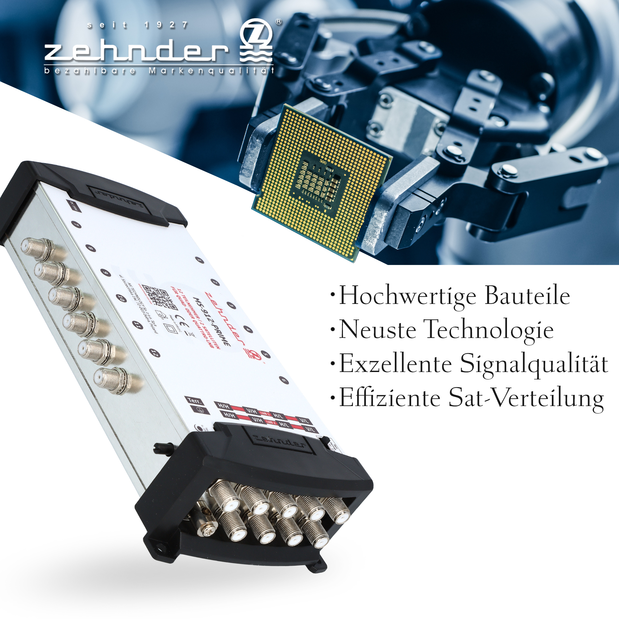 Werbung für ein Zehnder-Gerät mit CPU und Text über Komponenten und Signalqualität.