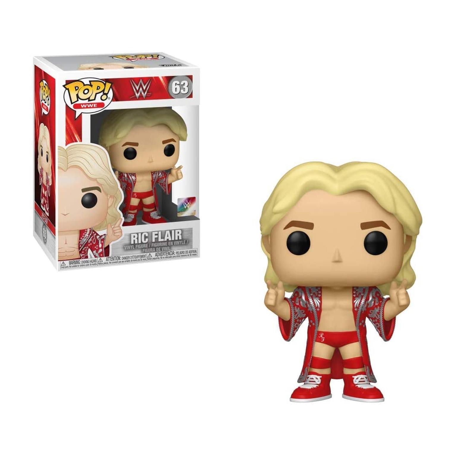 Ric Flair Funko Pop-Figur mit erhobenen Armen, vor der Schachtel.