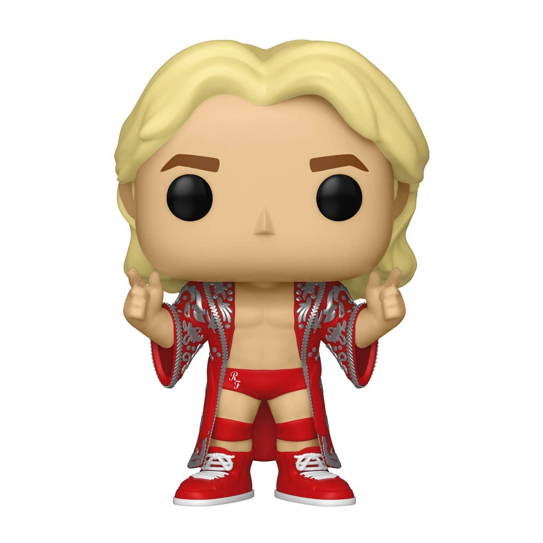 Ric Flair Funko Pop! Figur mit blonden Haaren, in einem roten Bademantel, zeigt die 'woo' Handgeste.