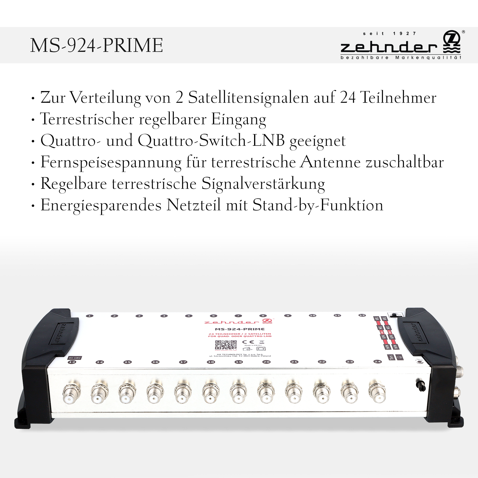 Ein Produktbild, das ein silbernes elektronisches Gerät mit mehreren Ein- und Ausgängen zeigt.