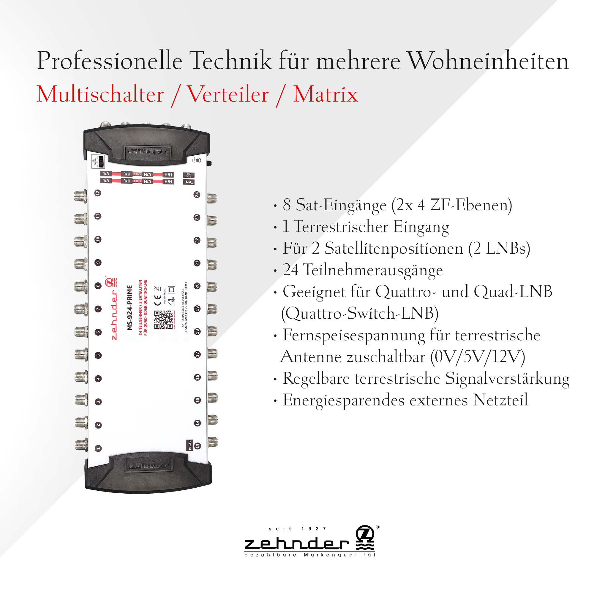 Ein schwarz-weißes Gerät mit vielen Anschlüssen und dem Text: Professionelle Technik für mehrere Wohneinheiten.