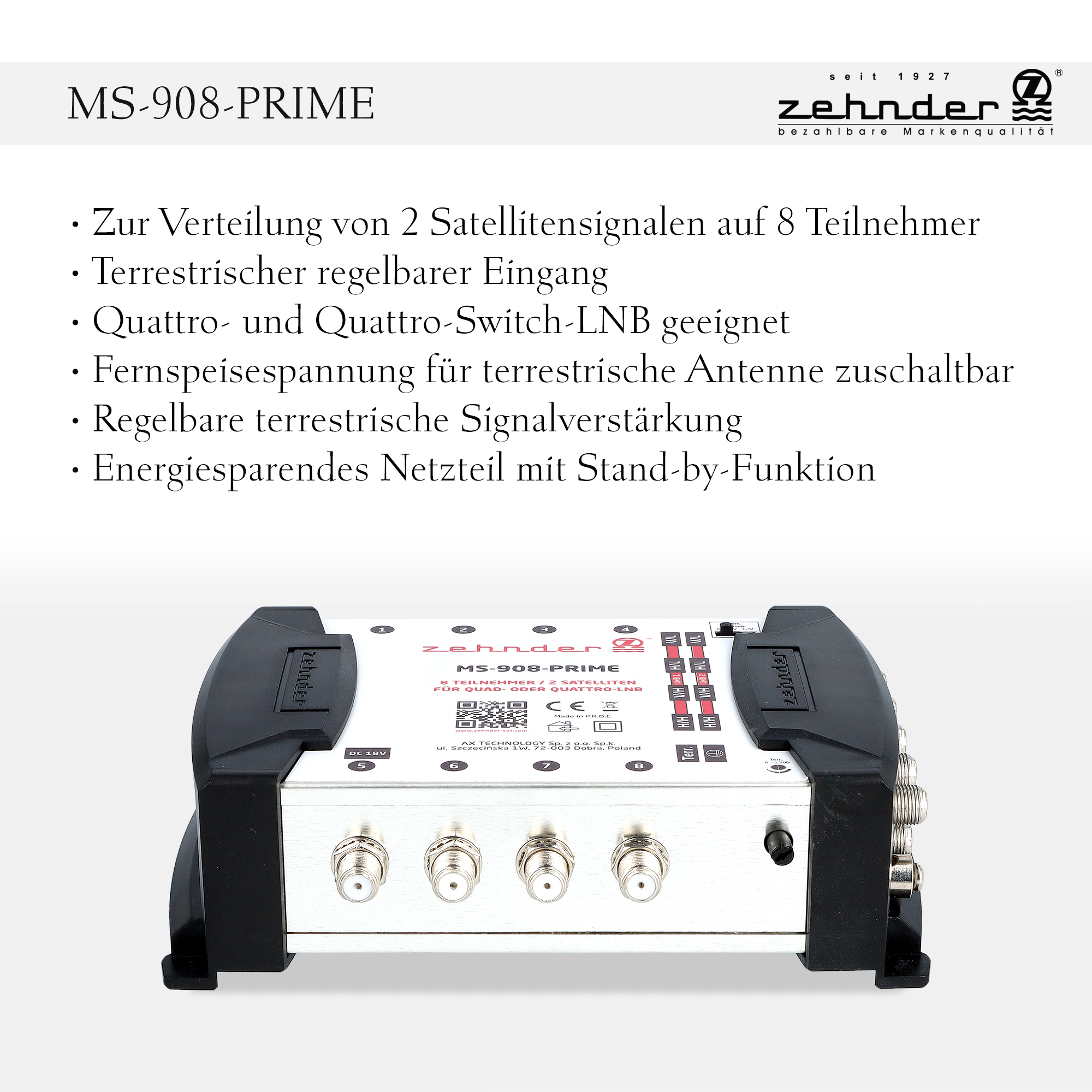 Weißer Hintergrund mit Text MS-908-PRIME und Produktspezifikationen.