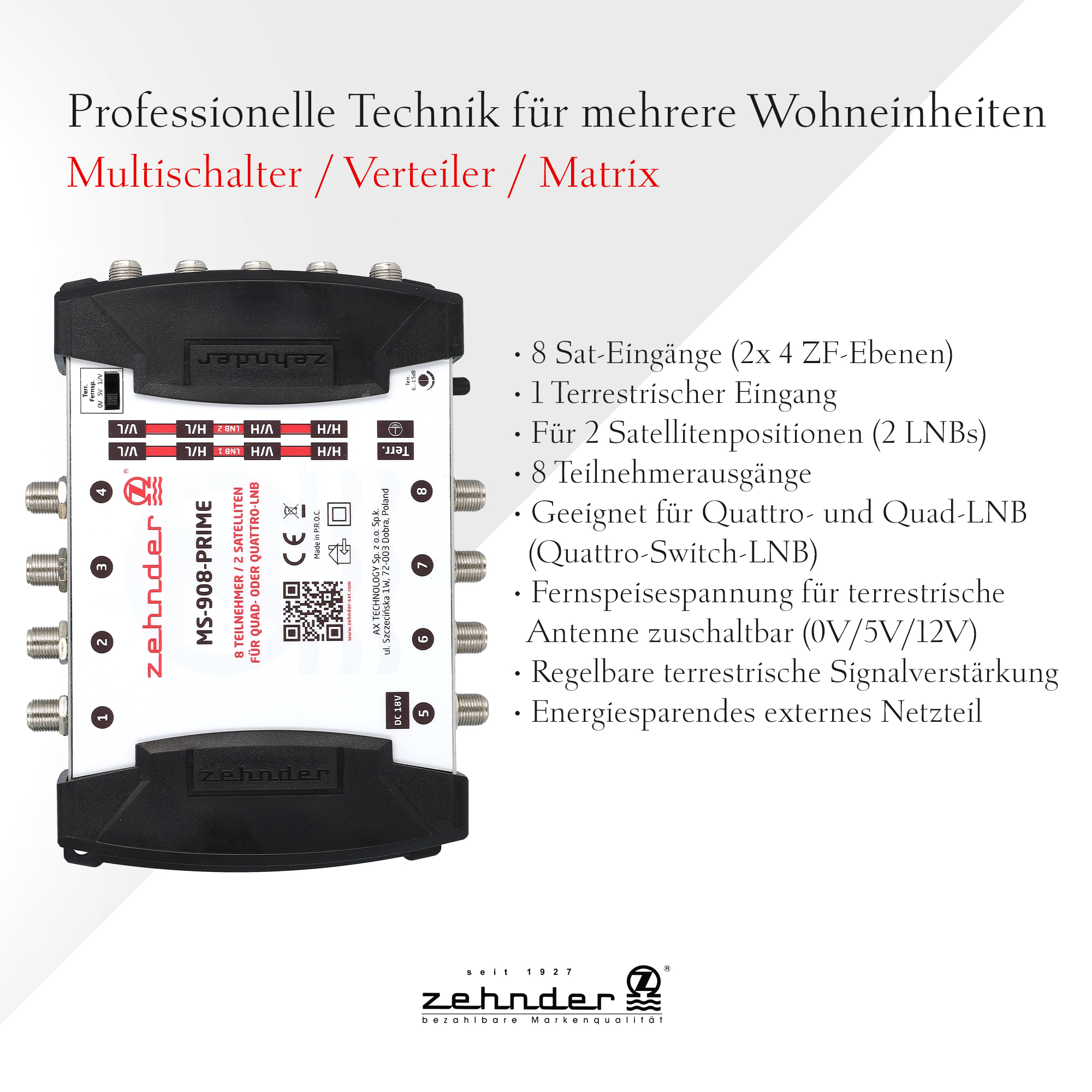 Schwarz-weißes elektronisches Gerät mit mehreren Anschlüssen und Text. Es ist ein professioneller Multischalter.