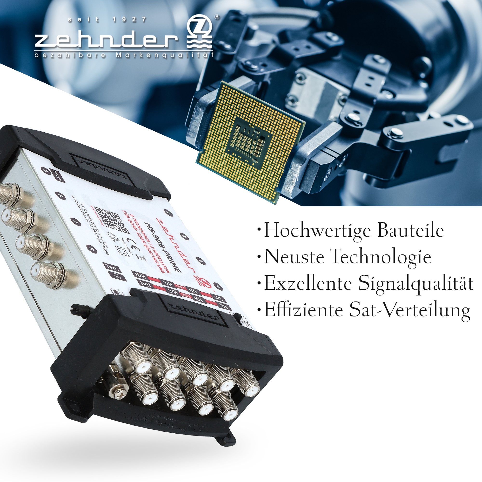 Ein Zehnder-Gerät mit CPU und verschiedenen Anschlüssen. Der Text weist auf hochwertige Komponenten und Effizienz hin.