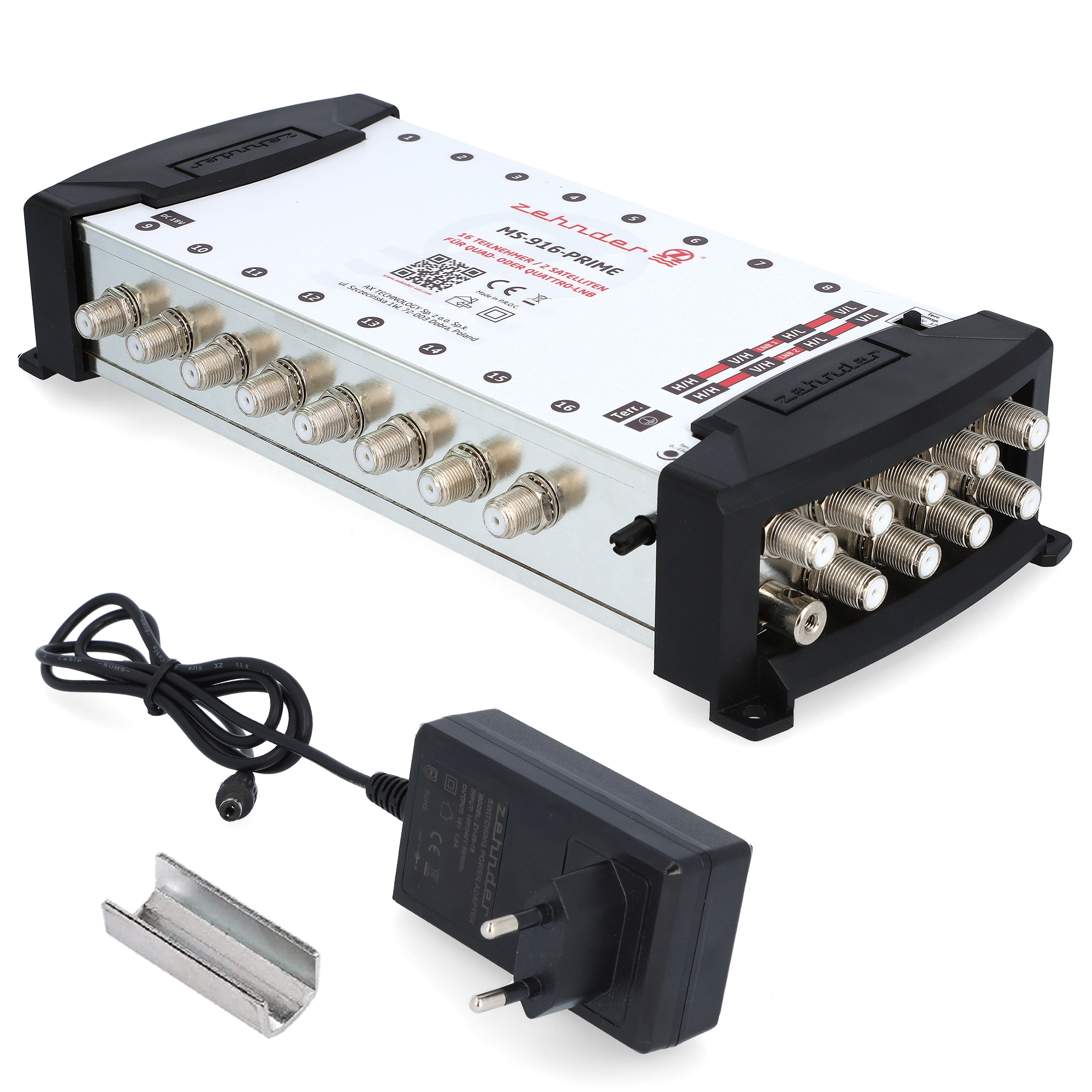 Silbernes Zehnder MS-916-Prime Gerät mit vielen Anschlüssen, Netzteil und Stecker.
