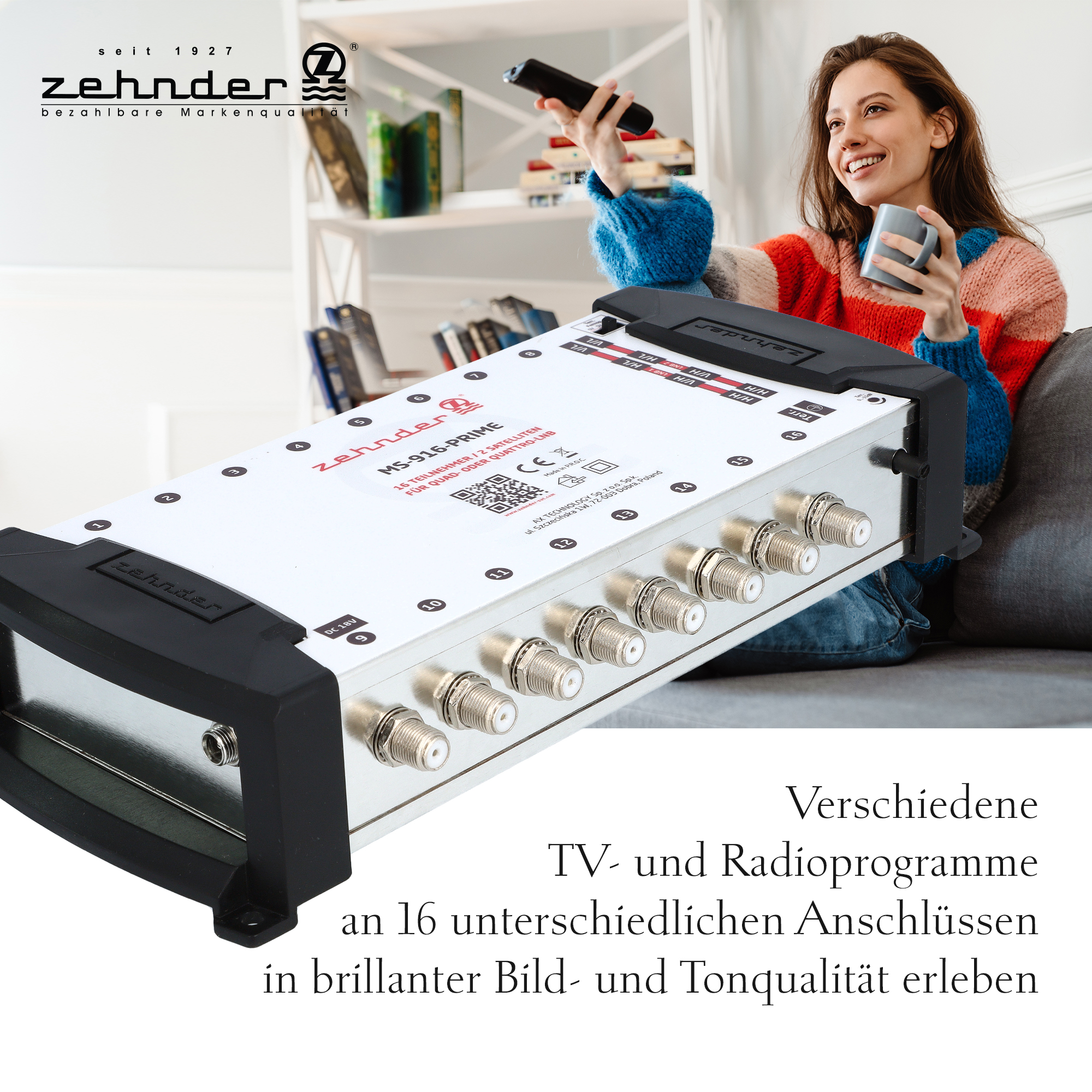 Frau mit Zehnder-Gerät und Fernbedienung. Gerät hat mehrere Anschlüsse. Text: Verschiedene TV- und Radioprogramme.