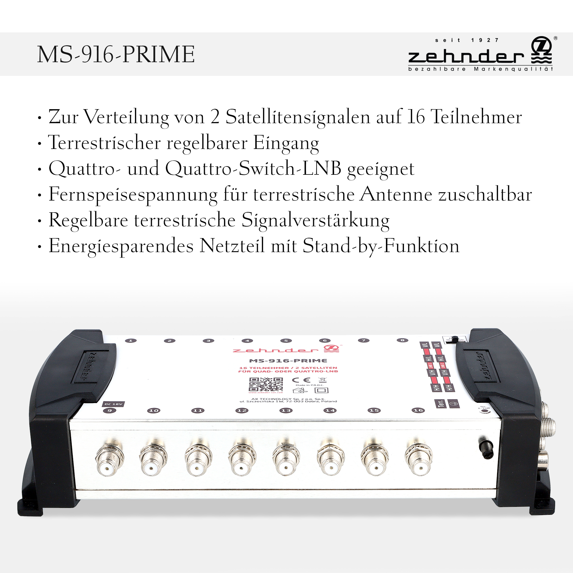 Ein silbernes Gerät mit mehreren Eingangsanschlüssen, schwarzen Seiten und weißem Hintergrund mit Text.