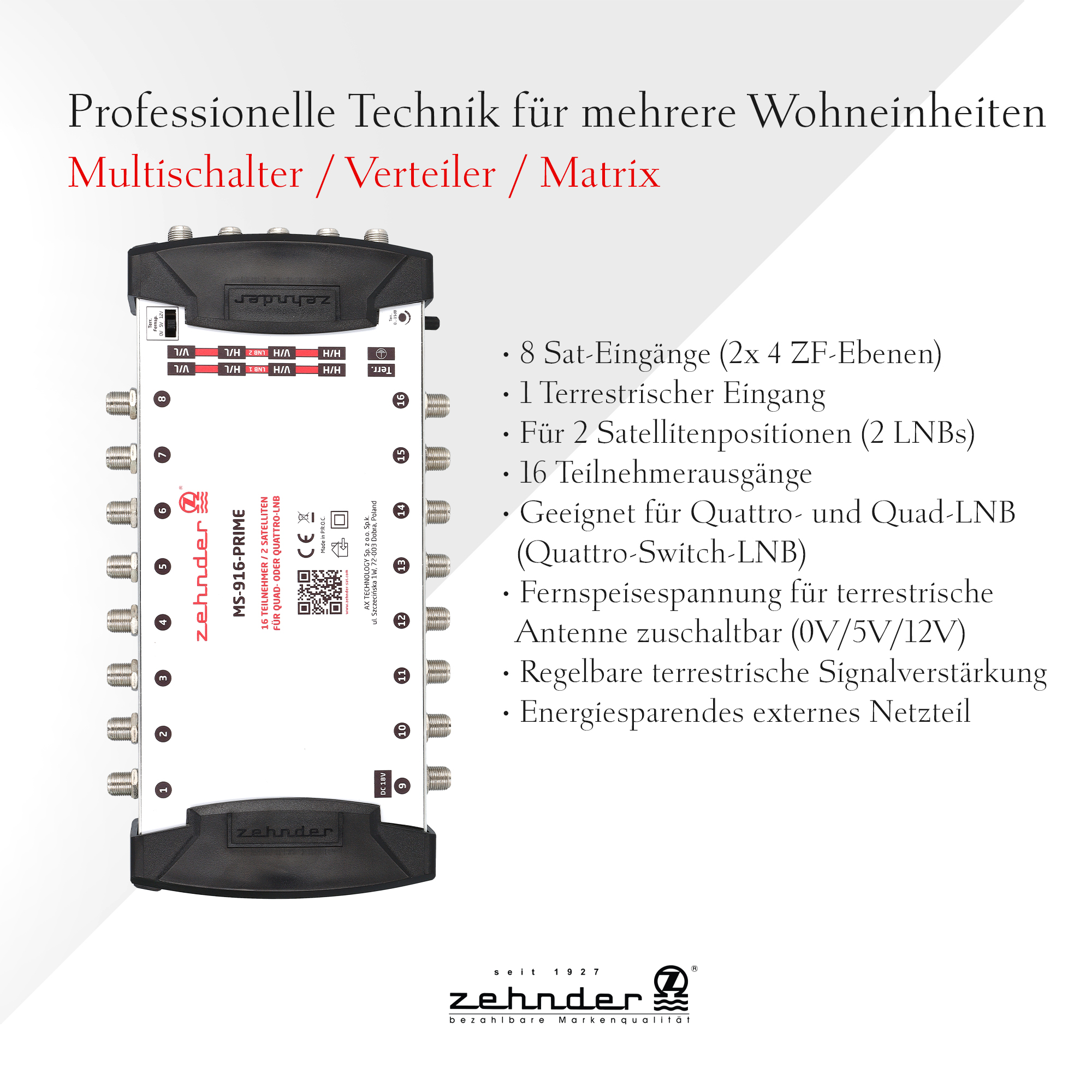 Technisches Gerät mit Etiketten und Text, mit Anschlüssen, für mehrere Wohneinheiten.