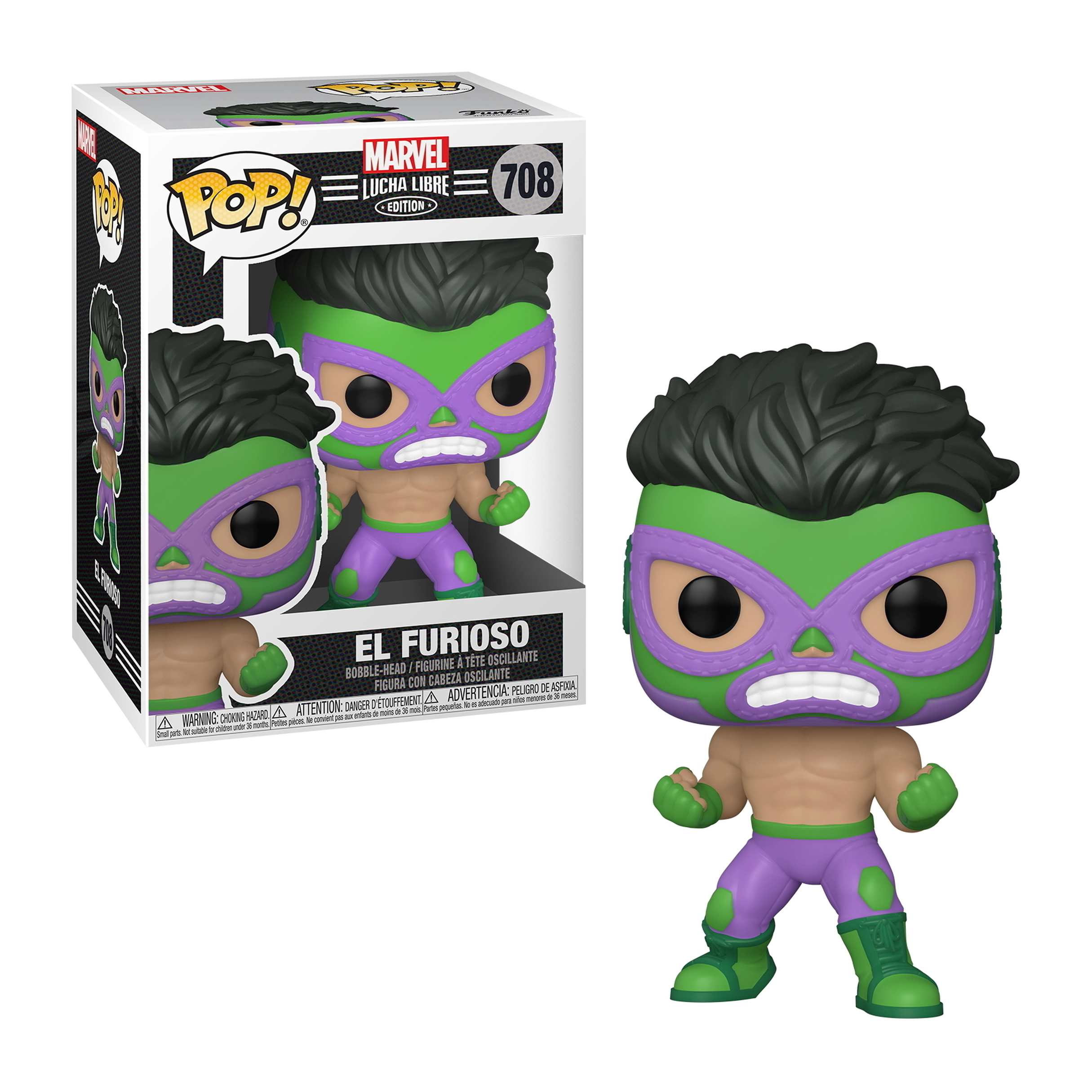 El Furioso Funko Pop Figur. Grünes und lila Outfit, Maske und Wrestler-Pose.
