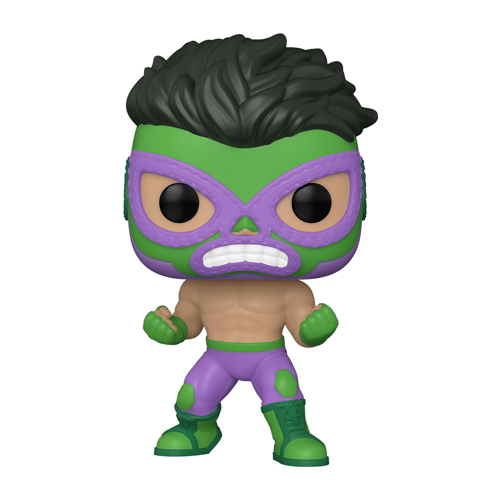Hulk Funko Pop Figur mit grüner Maske, lila Strumpfhose und grünen Stiefeln. Er ist muskulös und wütend.