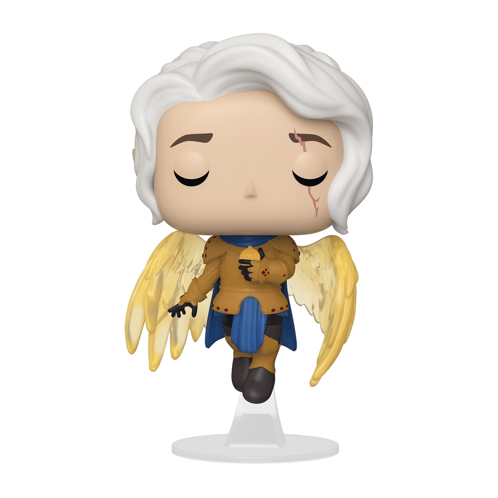 Funko Pop-Figur einer Figur mit weißem Haar, geschlossenen Augen, Engelsflügeln und einem Kostüm.