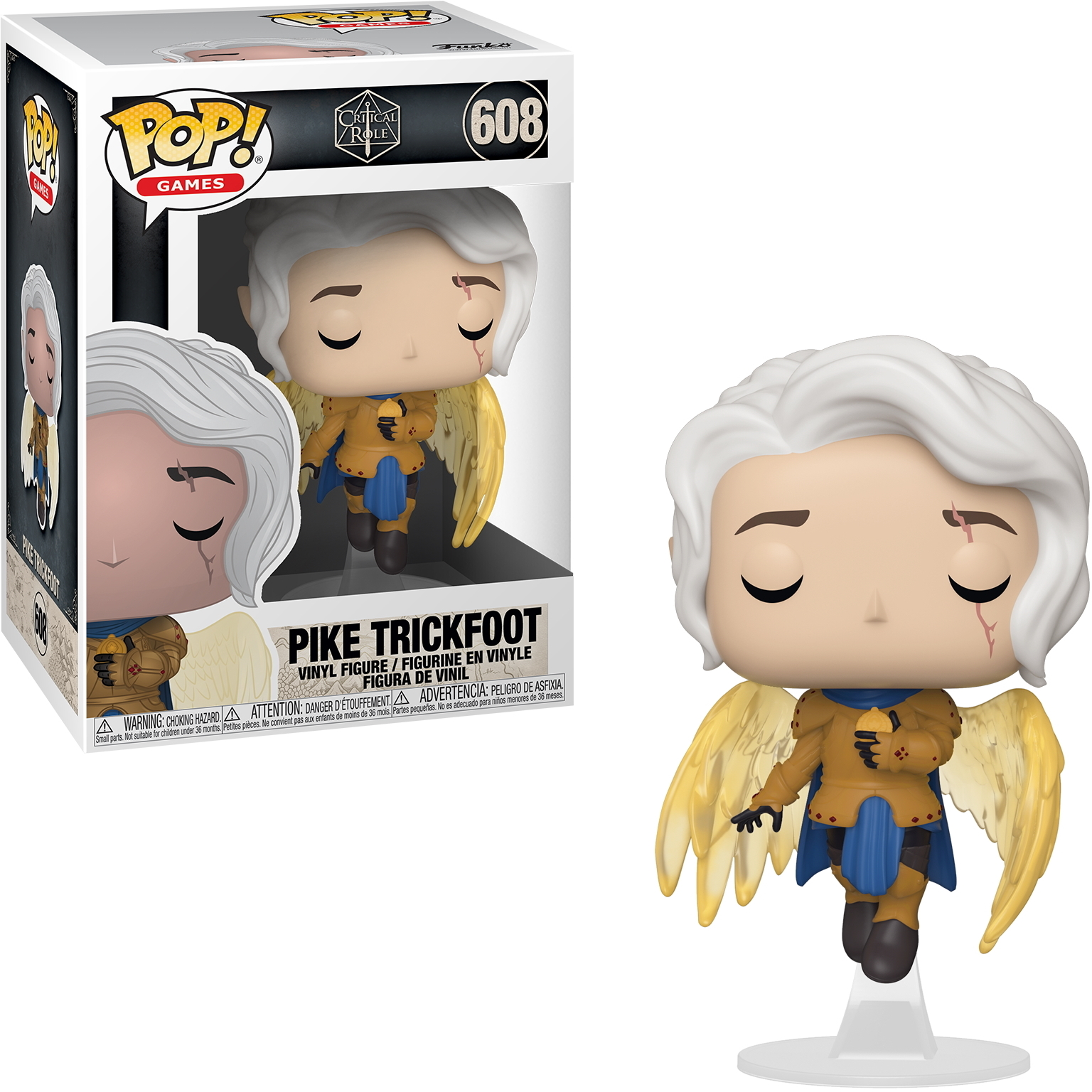 Eine Pike Trickfoot Funko Pop Figur in einer Box. Die Figur ist ein Humanoid mit gelben Flügeln und blauer Kleidung.