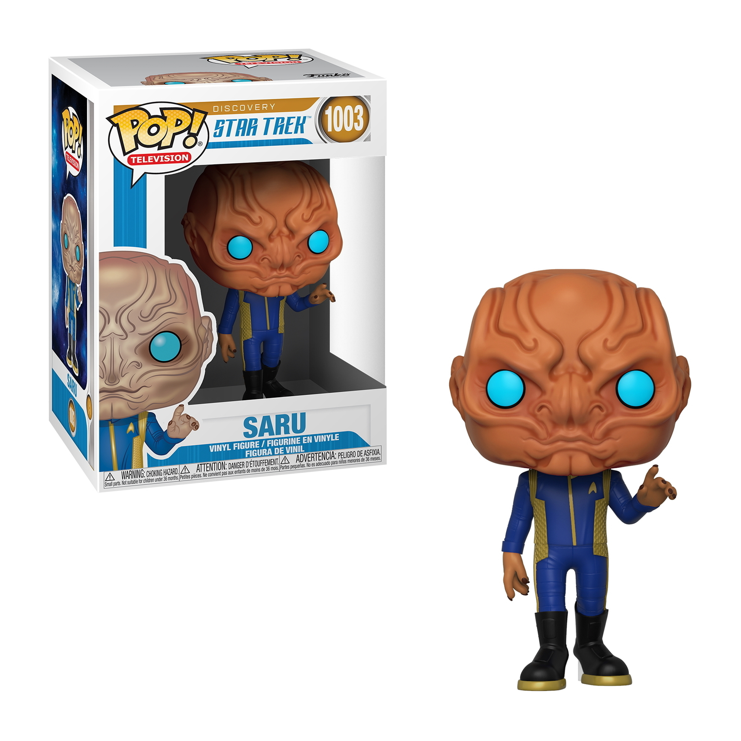 Statuina di Saru di Star Trek. Ha la pelle marrone, occhi blu e un abito blu e giallo.