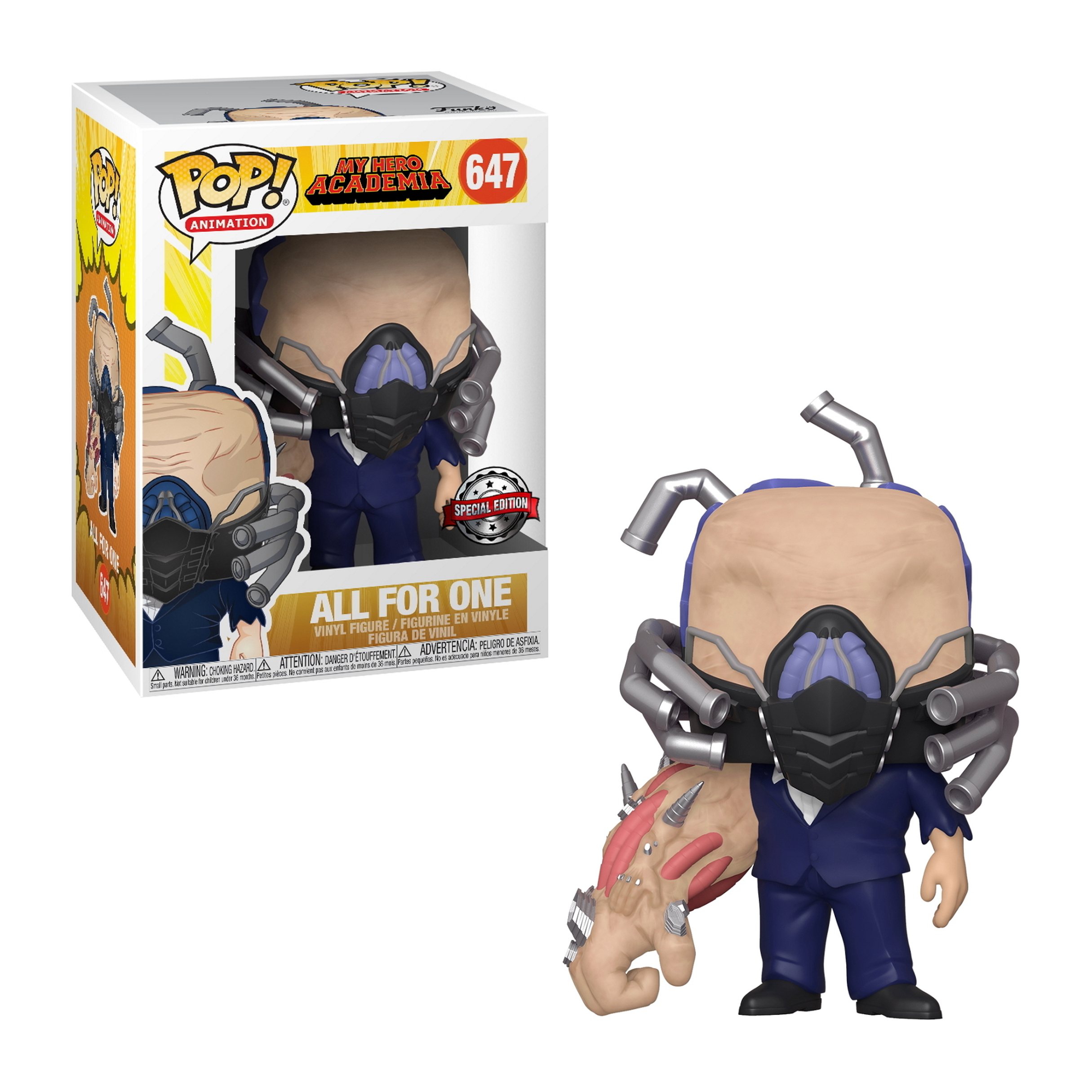 All for One Figur. Maskiertes Gesicht, blauer Anzug, eine Hand mit freiliegenden Muskeln. Box dahinter.