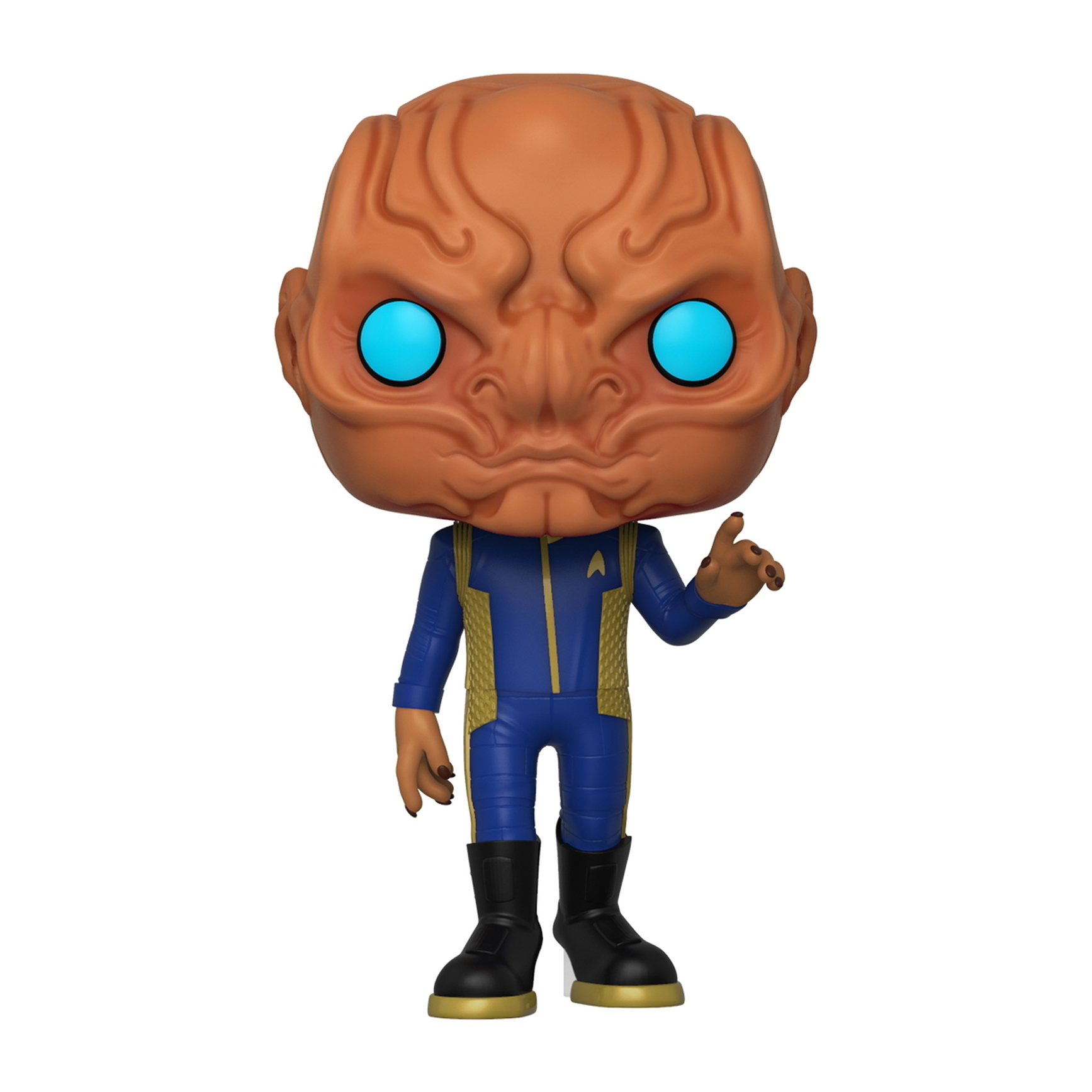 Figura Pop aliena di Star Trek con occhi blu e uniforme blu e oro.
