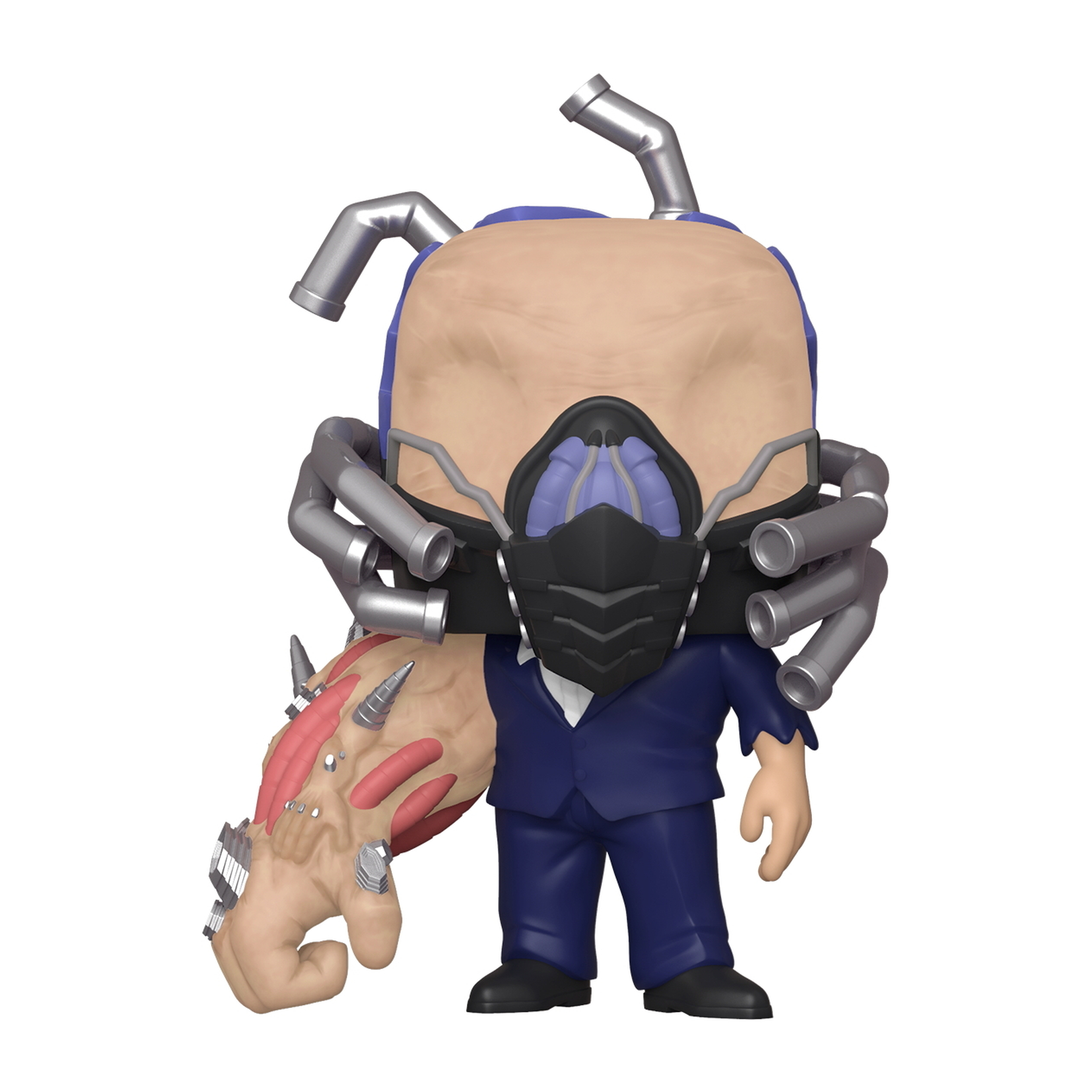 Eine Funko Pop Figur eines Schurken mit Maske und Schläuchen. Er trägt einen Anzug und hat eine große Hand.