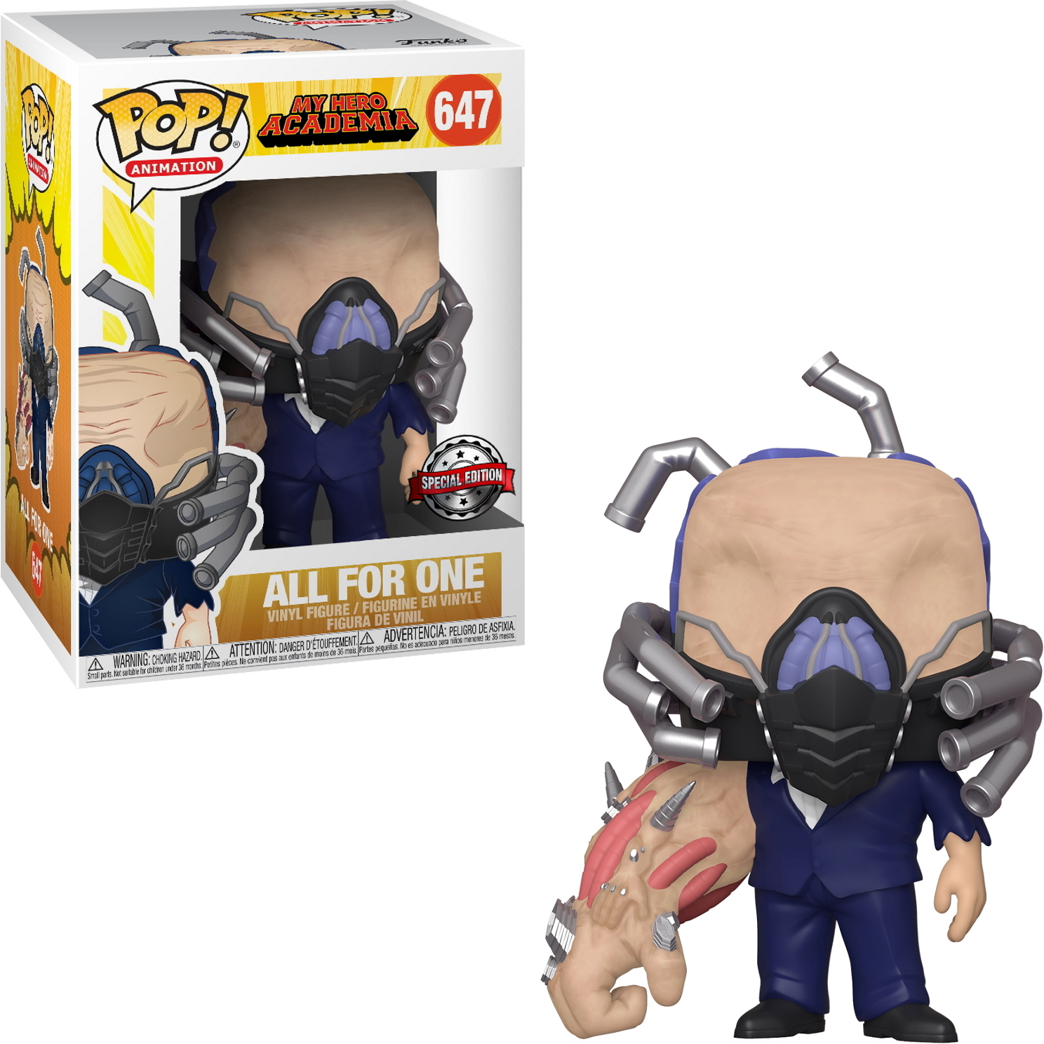 Eine 'All For One' Funko Pop Figur mit Maske und Schläuchen, neben der Box.