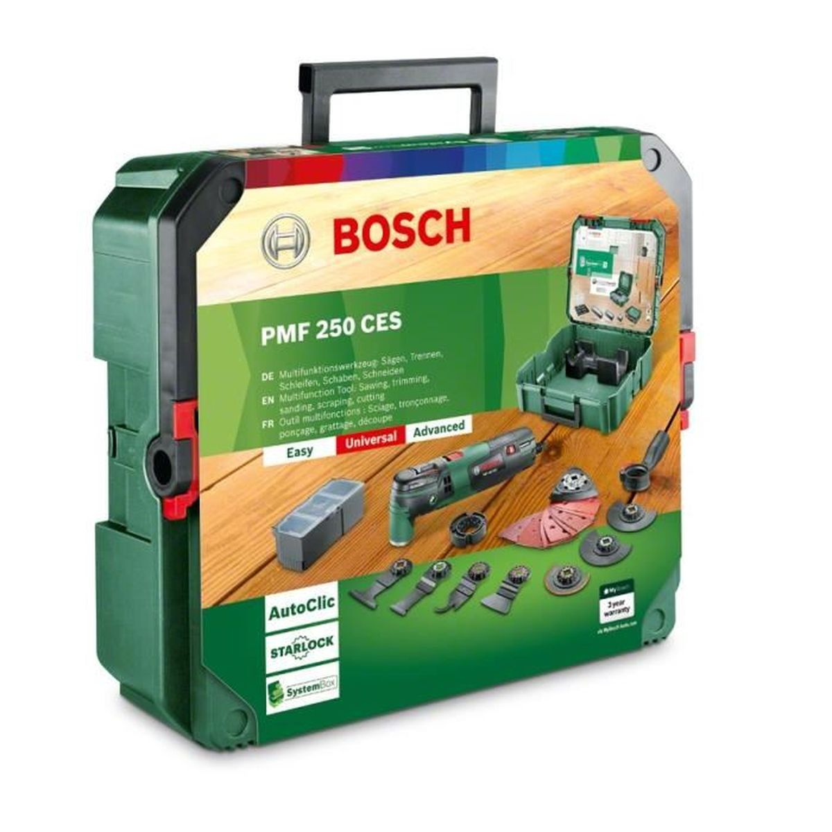 Bosch PMF 250 CES Werkzeugkasten. Grüner Koffer mit Werkzeugen, darunter ein Multitool und Sägeblätter.