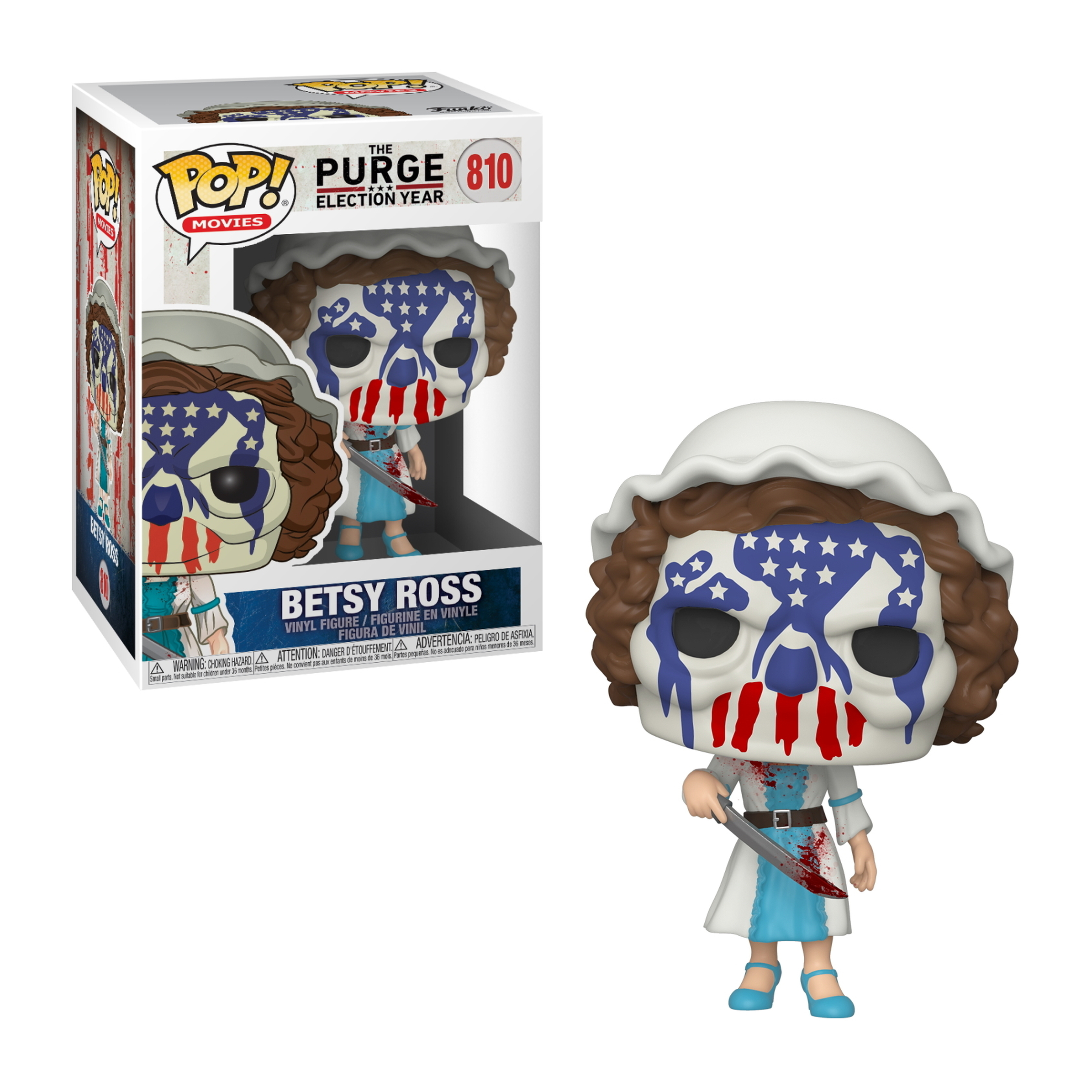 Eine Funko Pop Figur von Betsy Ross mit Purge-Maske, die ein blutiges Messer hält, mit Box.