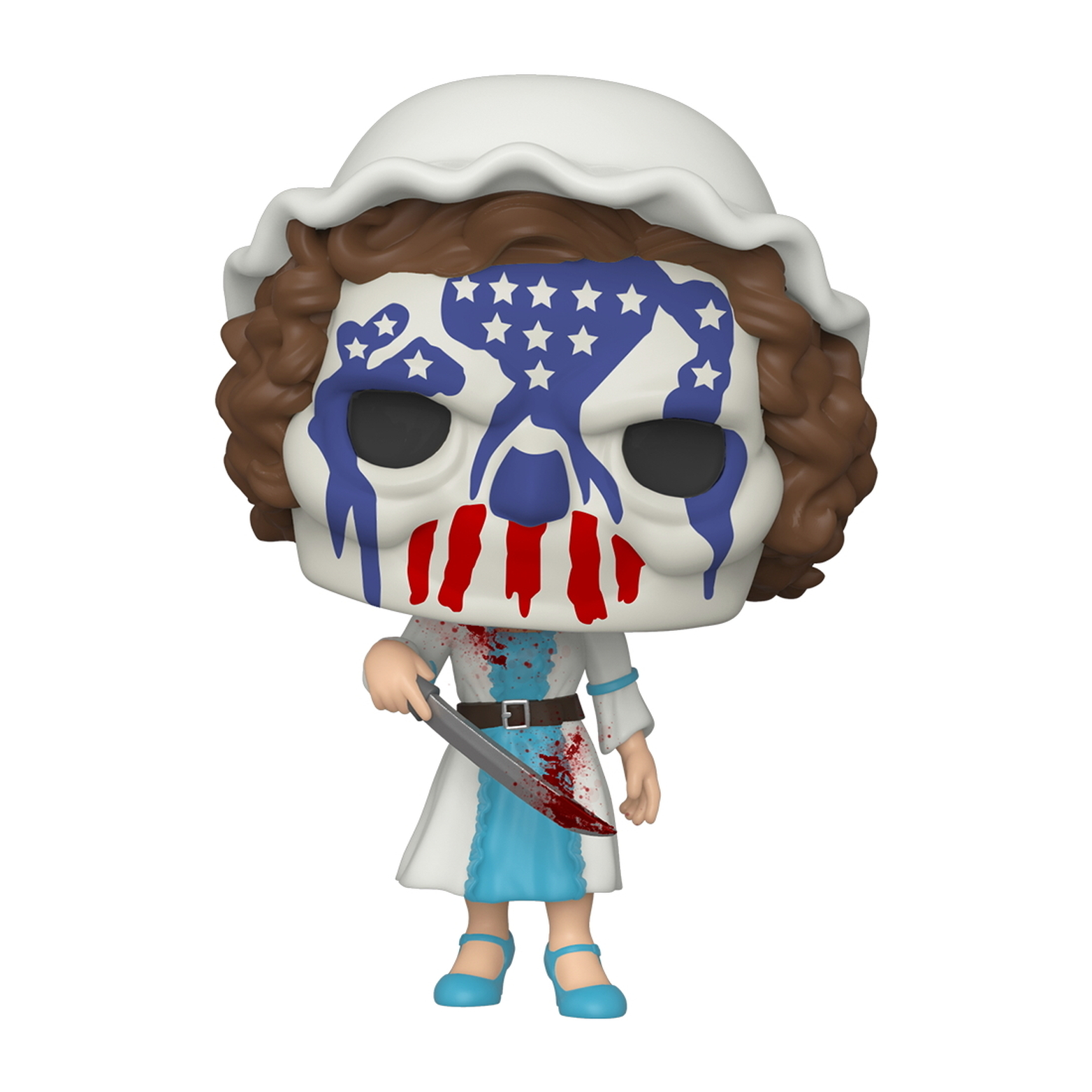 Funko Pop einer Krankenschwester mit blutigem Messer, die eine Maske der amerikanischen Flagge trägt.