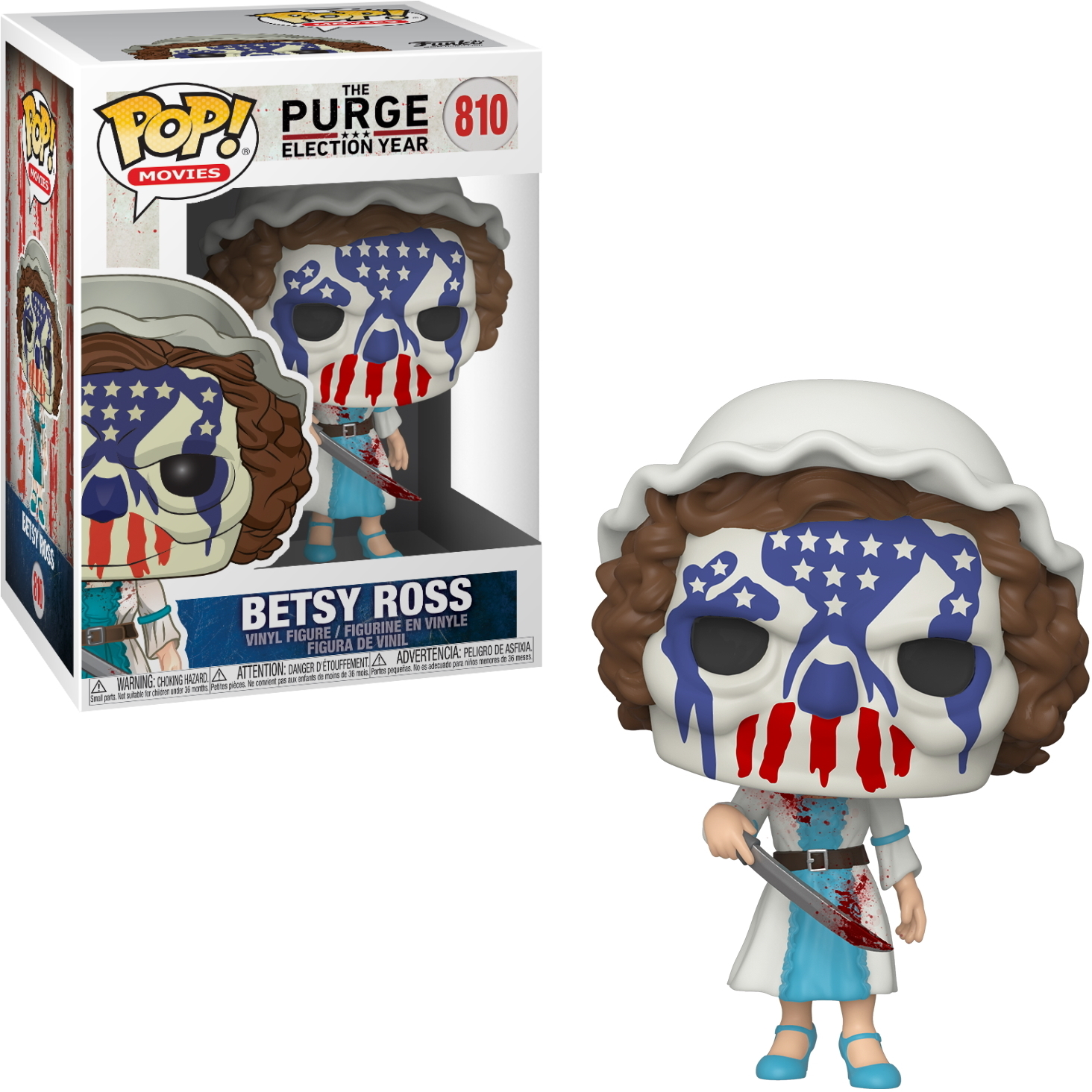 Eine Betsy Ross Funko Pop Figur, mit blutigem Messer und flaggenbemaltem Gesicht.