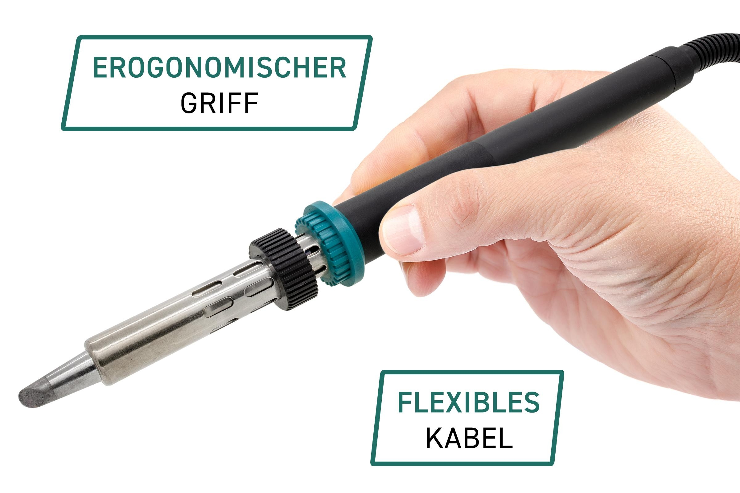 Hand hält Lötkolben. Text auf dem Bild: ergonomischer Griff, flexibles Kabel.