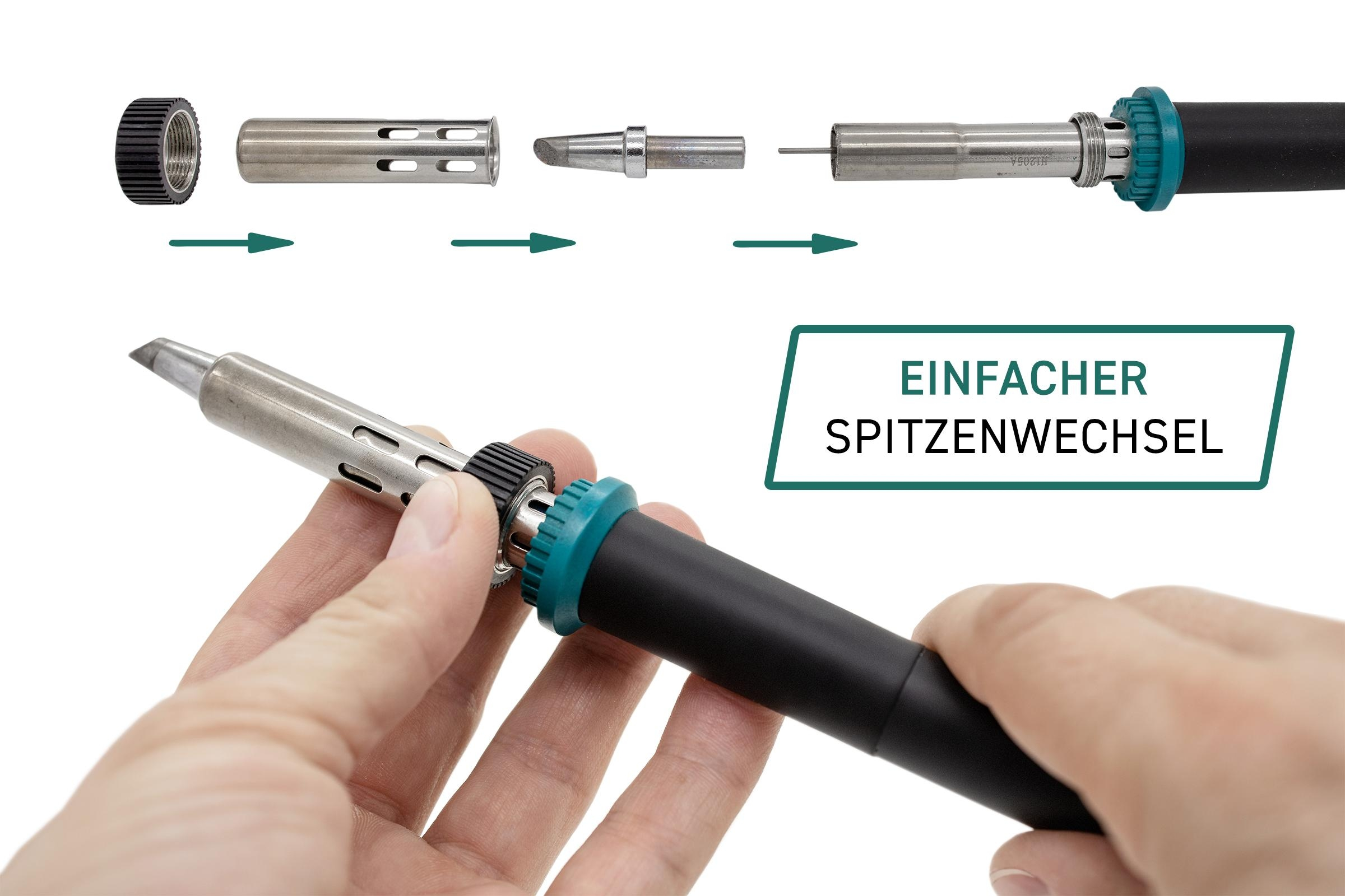 Lötkolben mit Teilen in Sequenz gezeigt, Hand hält Werkzeug.