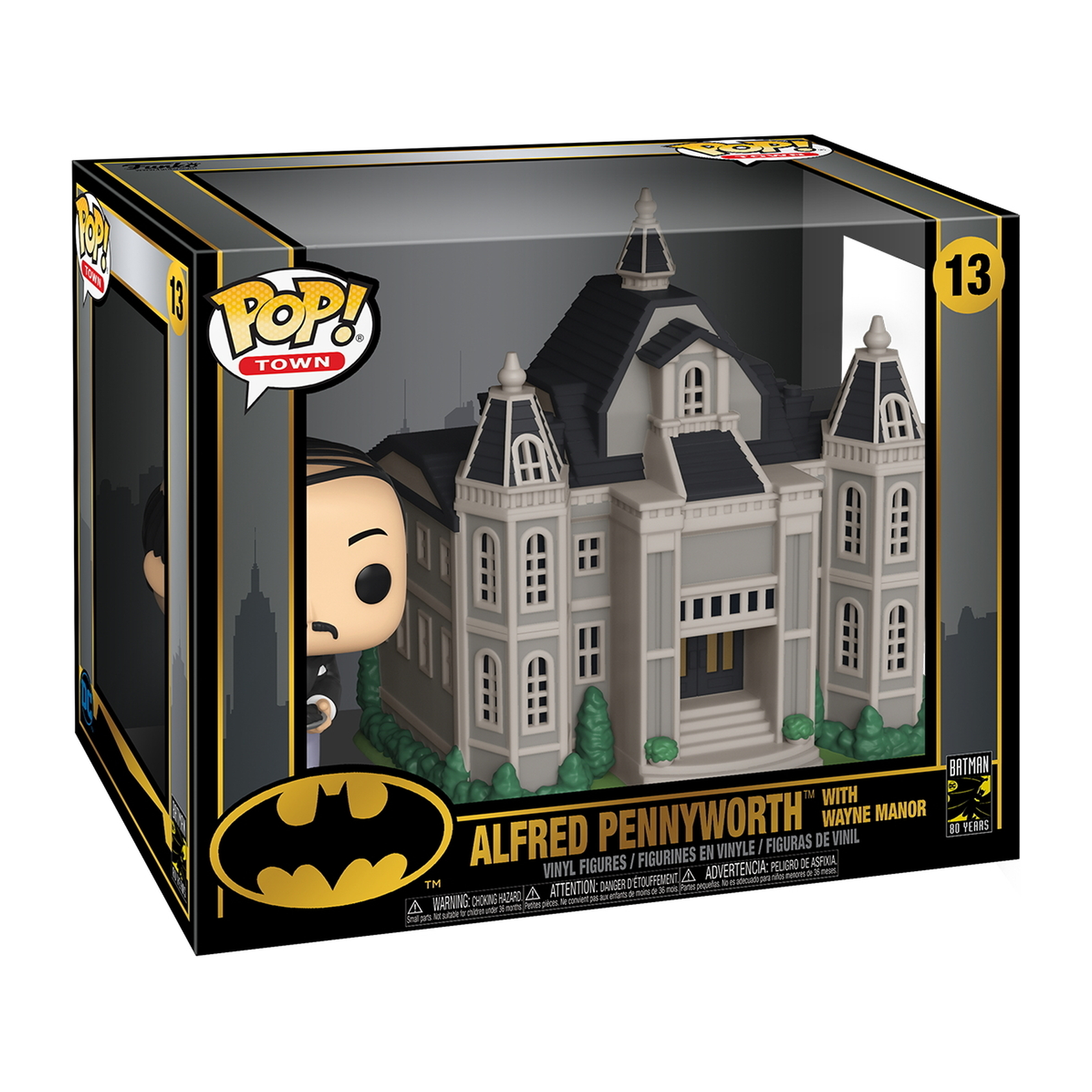 Funko Pop Figur von Alfred Pennyworth und Wayne Manor, in einer Displaybox mit Charakterdetails.