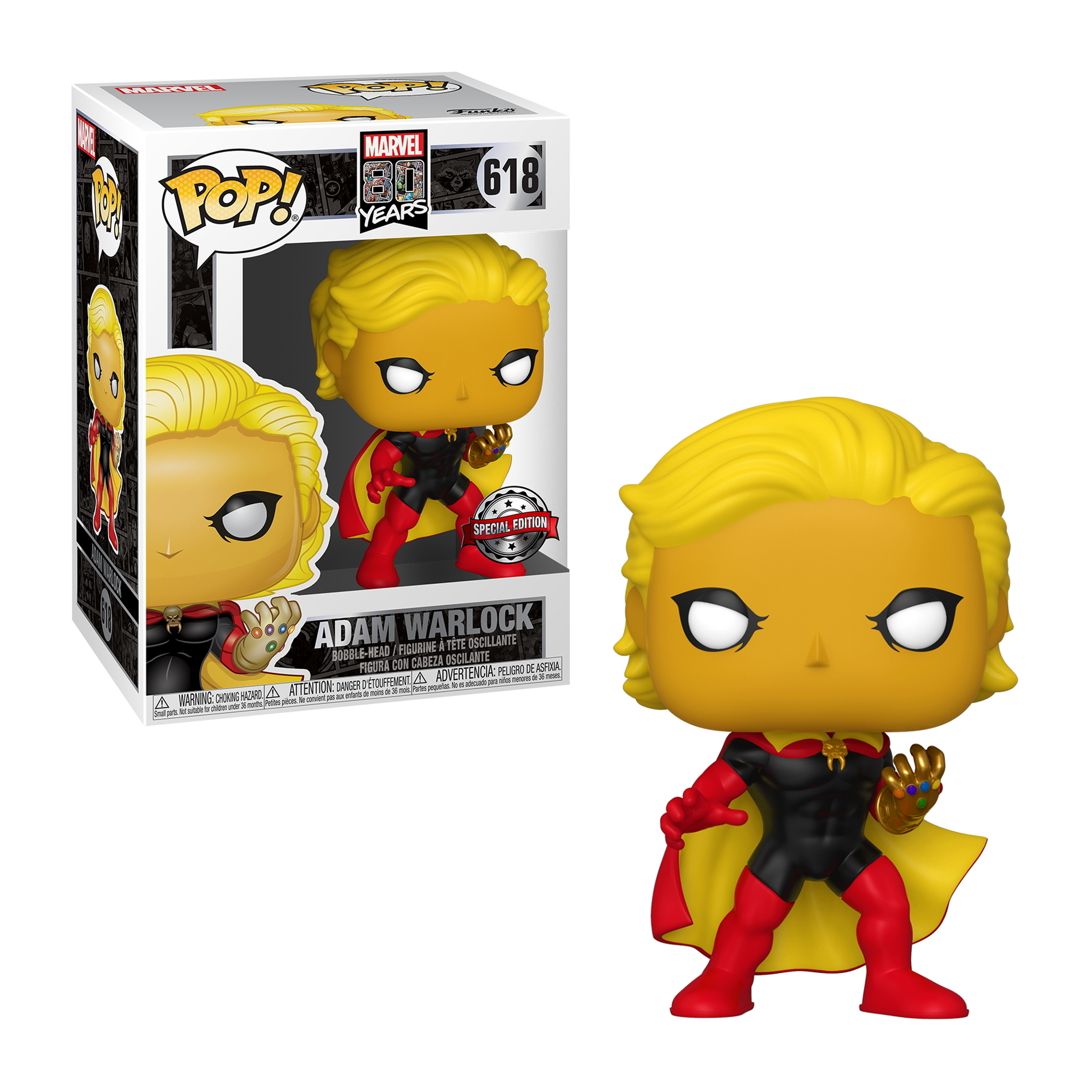 Adam Warlock Funko Pop Figur, gelbes Haar, roter Umhang, schwarzer Anzug, Infinity Gauntlet, in Box.