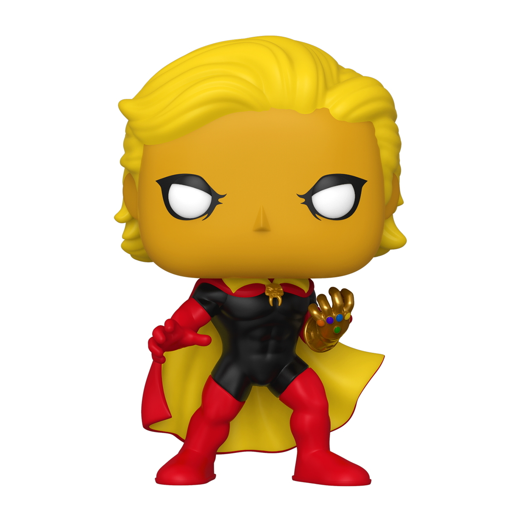 Eine Funko Pop-Figur einer Frau in gelber Kleidung mit dem Infinity-Handschuh.